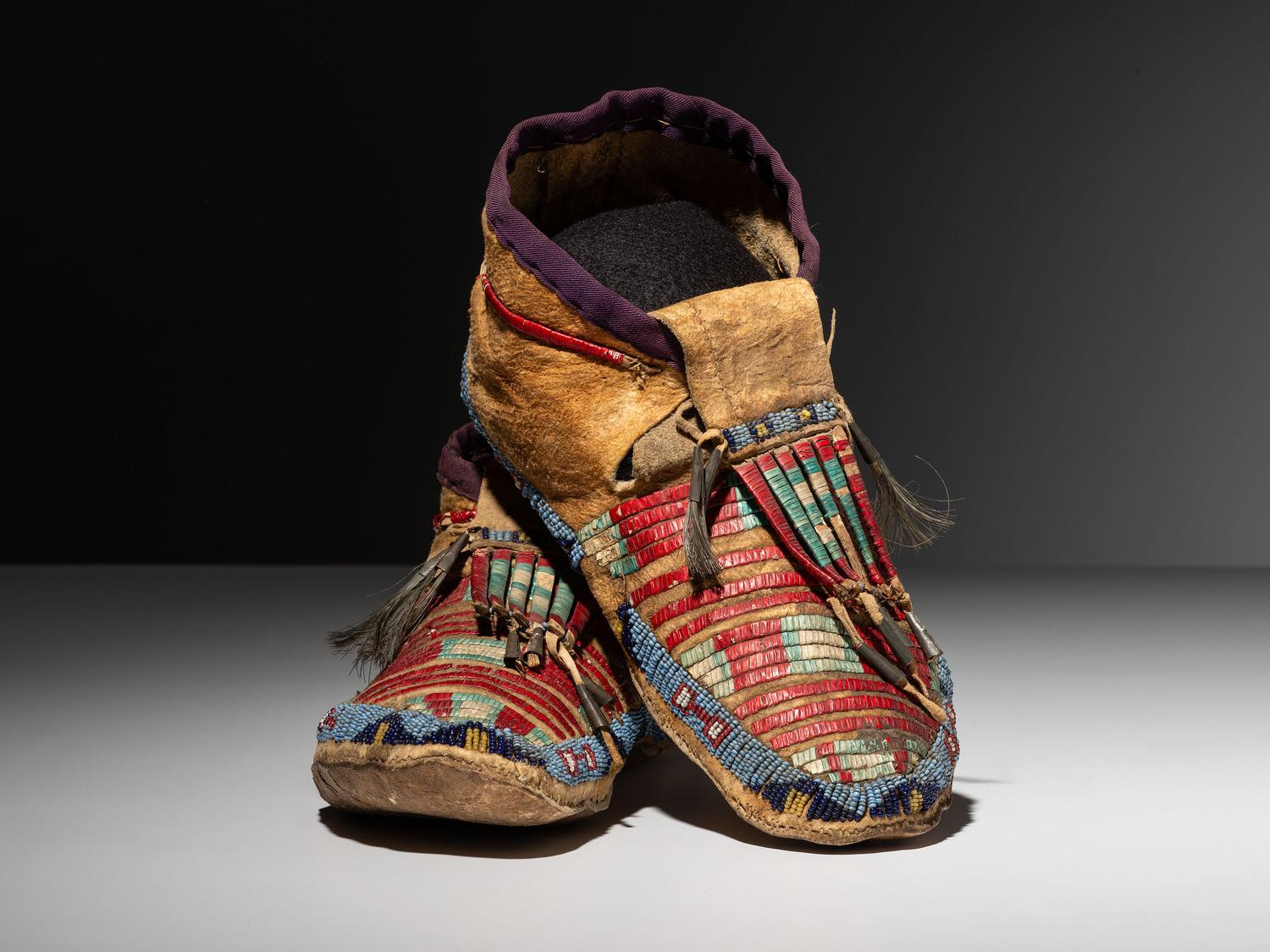 Sioux Quilled and Beaded Hide Moccasins, with Horse Tracks and Honor Wounds