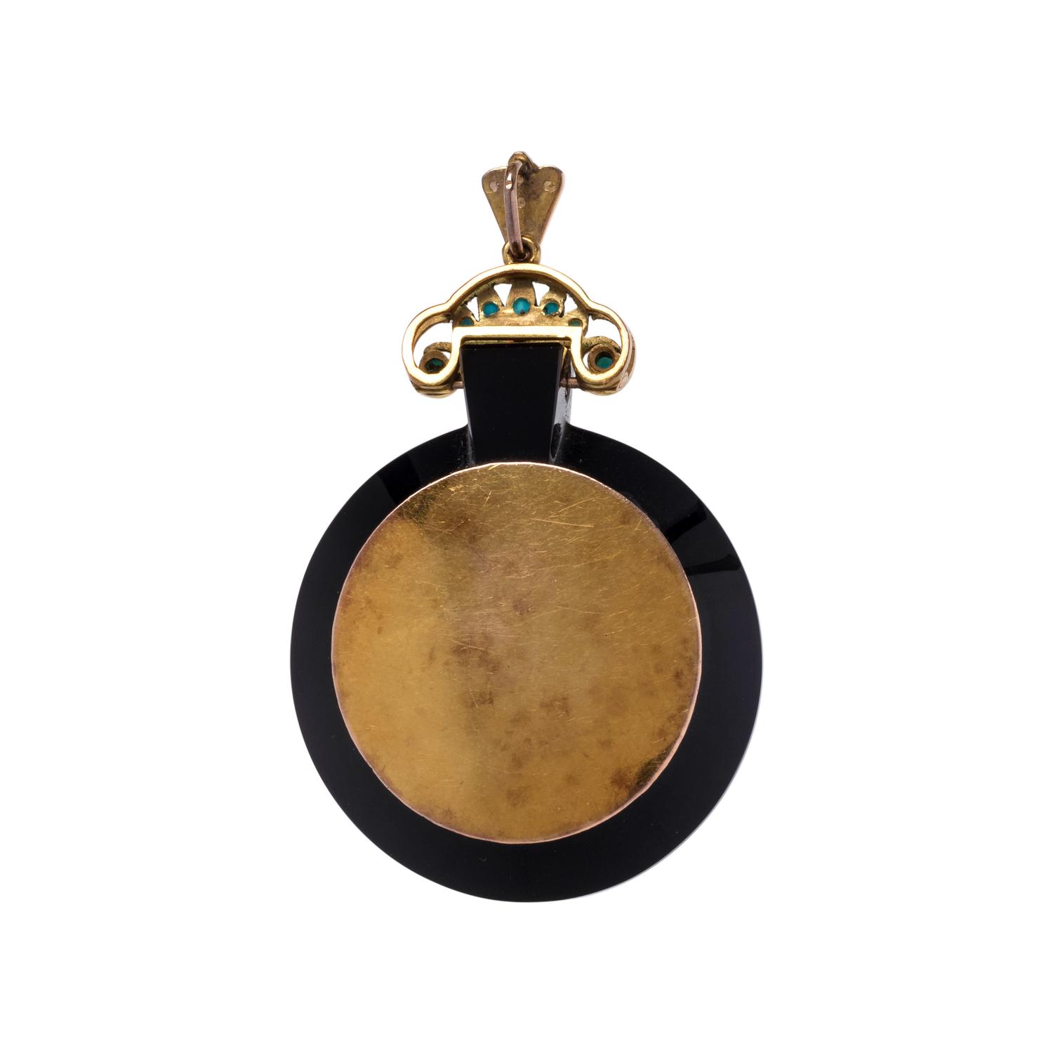 ONYX, TURQUOISE AND SEED PEARL PENDANT