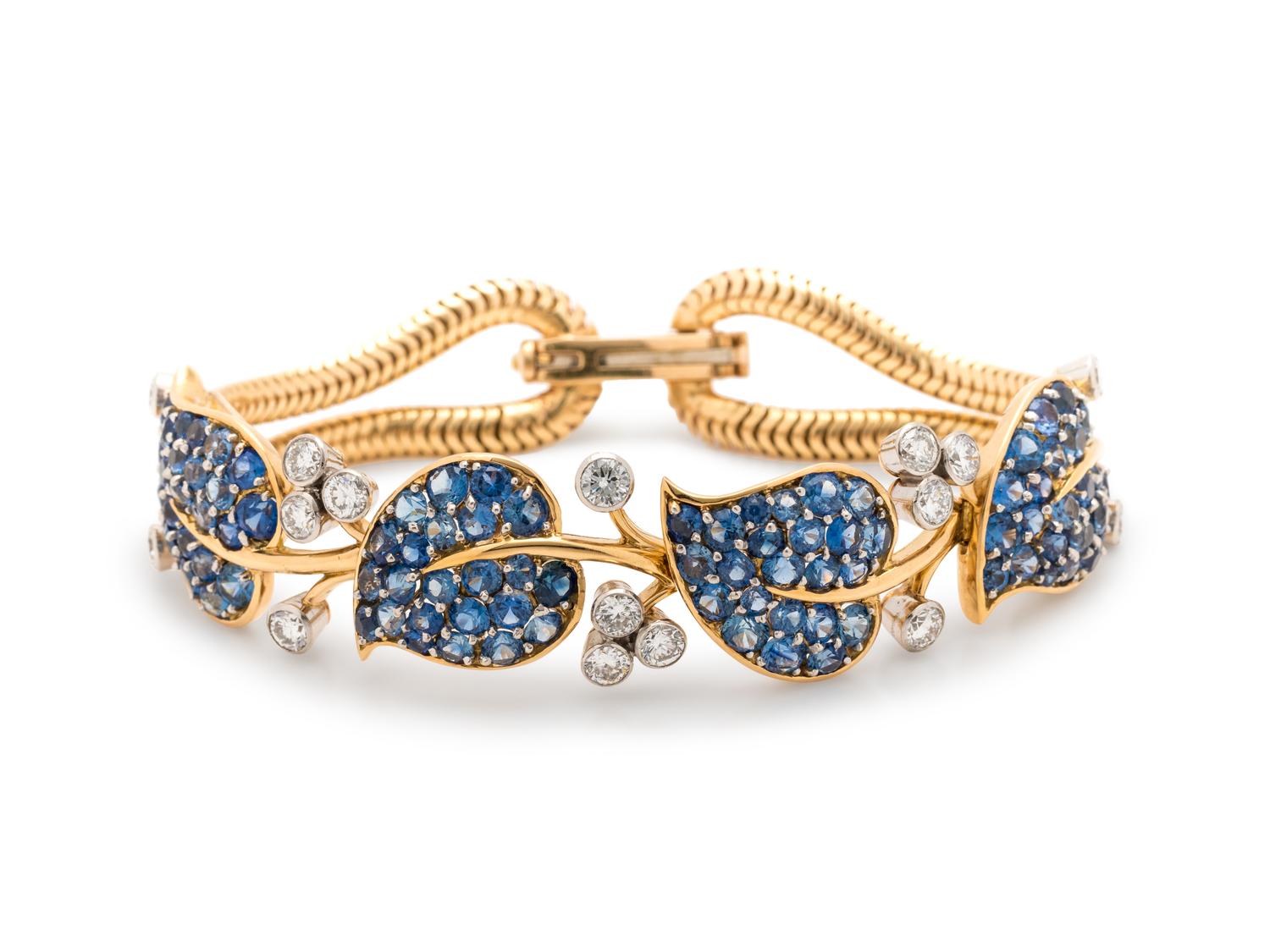 VAN CLEEF & ARPELS, NEW YORK, RETRO, SAPPHIRE AND DIAMOND 'FEUILLES' BRACELET