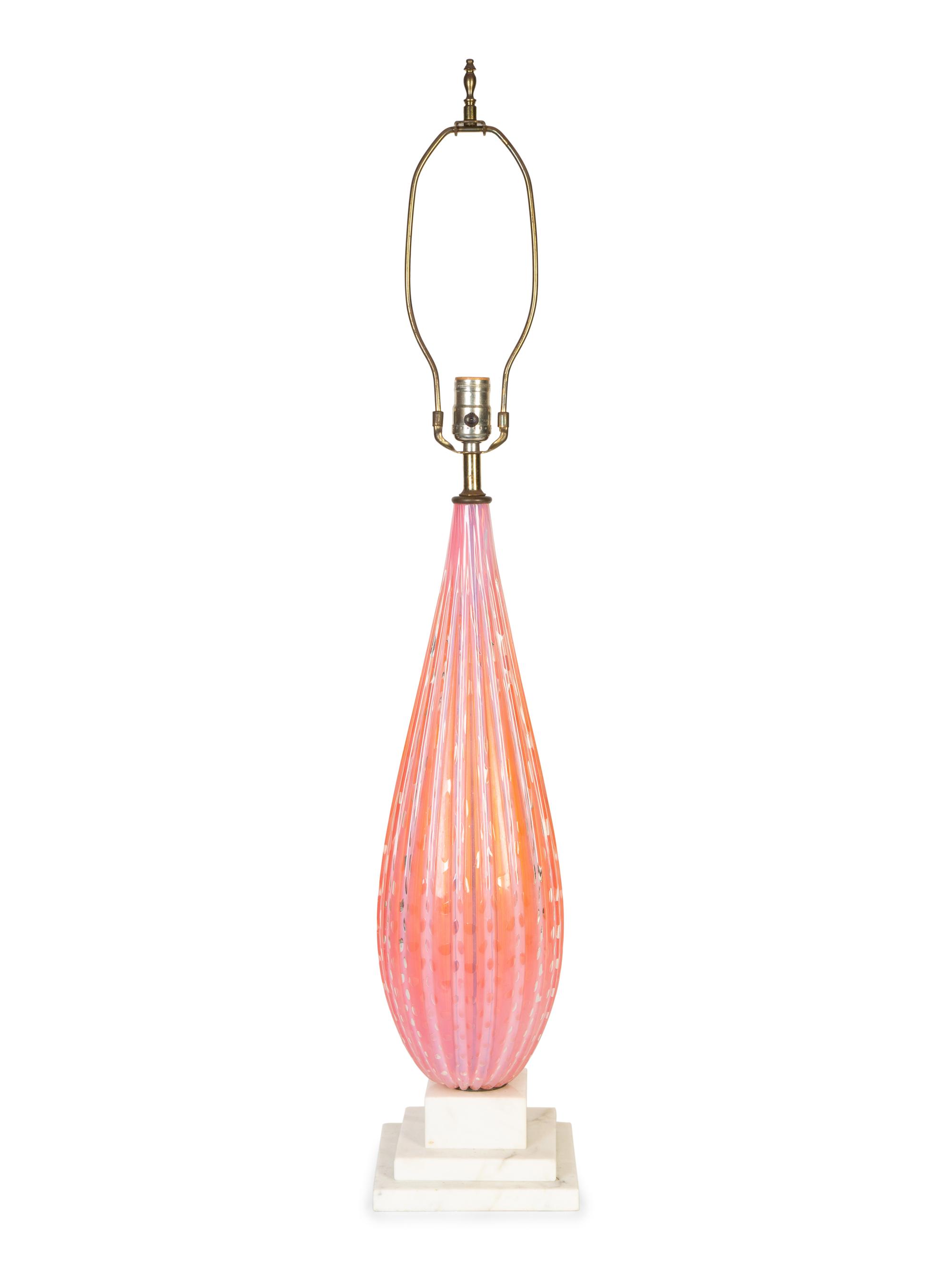 A Murano Pink Fluted Bullicante Glass and Marble Lamp