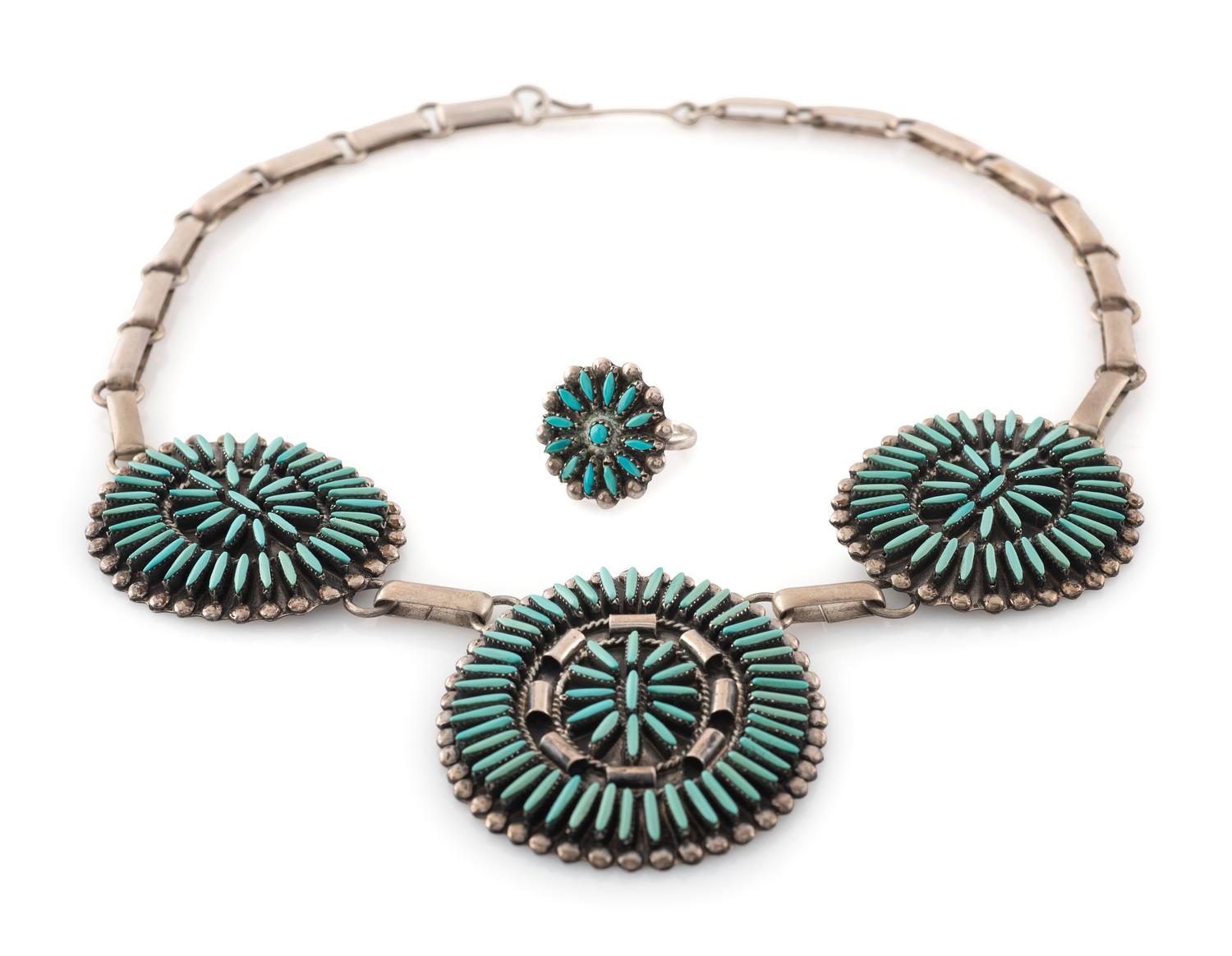Zuni Silver and Needle Point Turquoise Necklace AND Ring