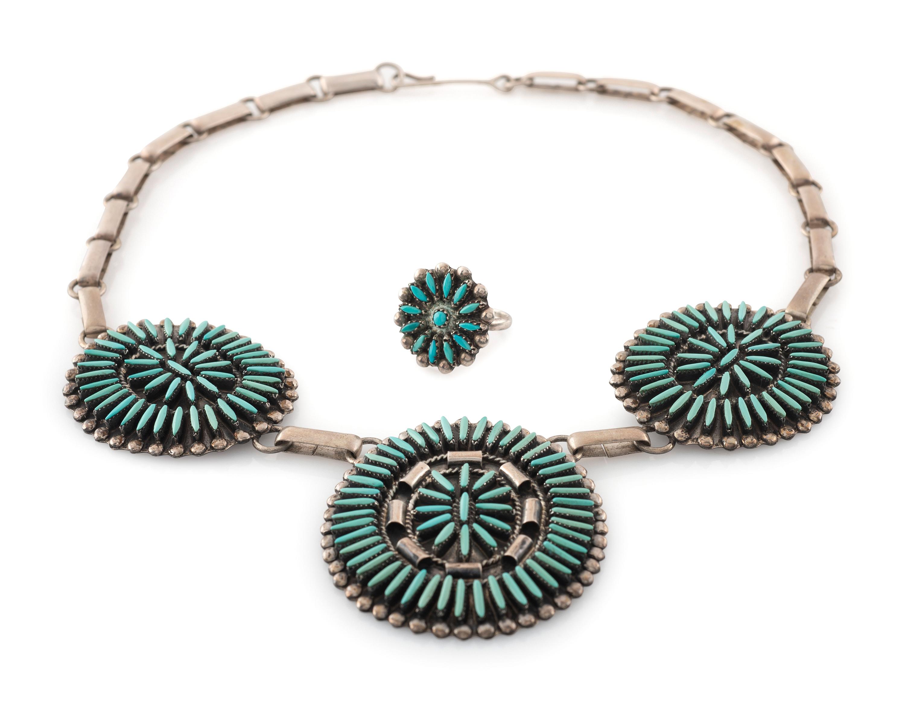 Zuni Silver and Needle Point Turquoise Necklace AND Ring