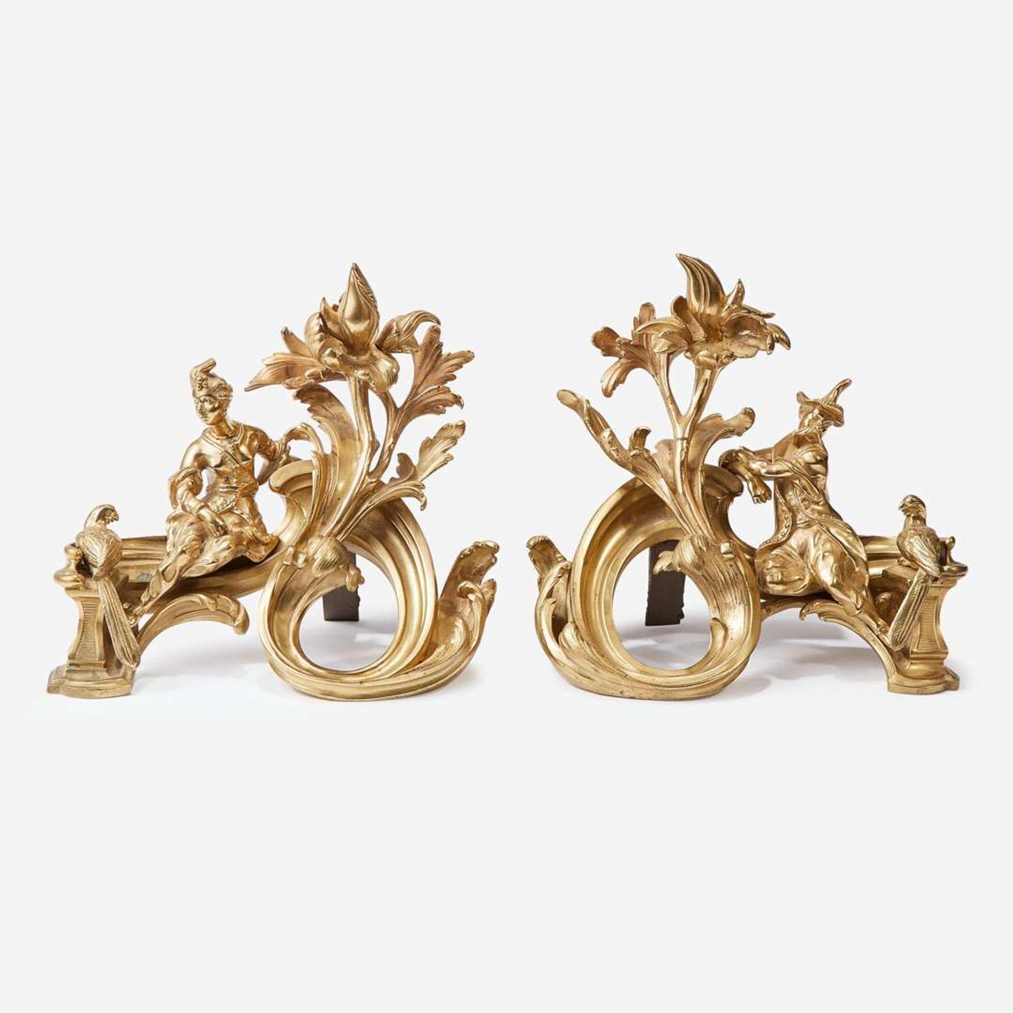 A Pair of Louis XV Style Chinoserie Gilt Bronze Chenets