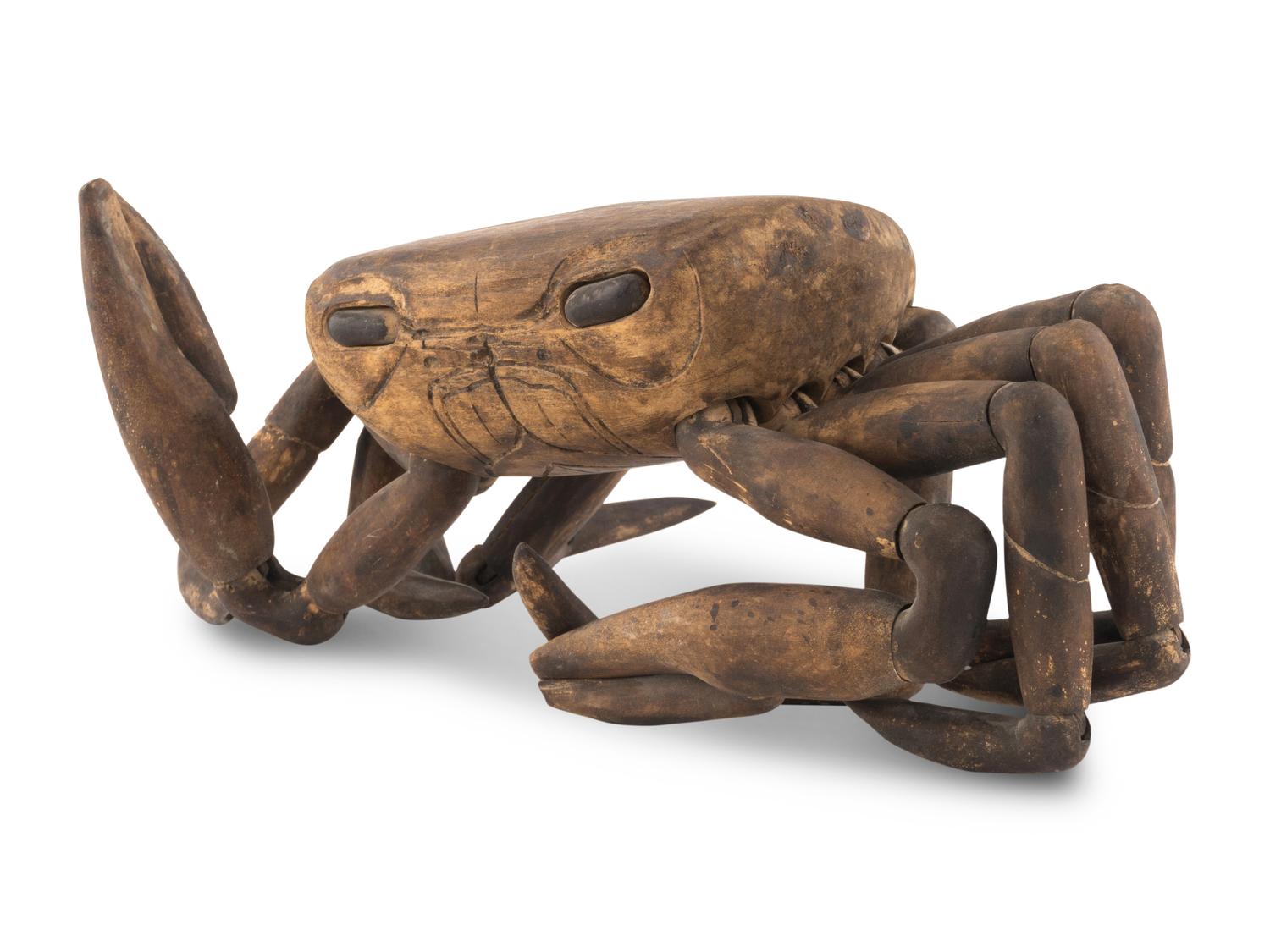 A Carved and Articulated Wood Crab Figure