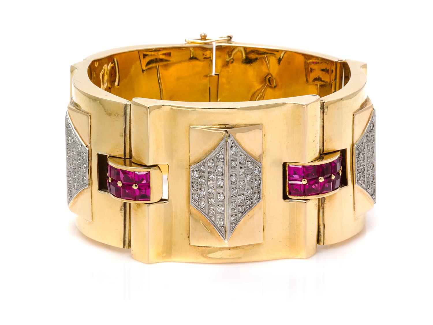 A Retro Gold, Diamond and Synthetic Ruby Bracelet, 99.80 dwts.
