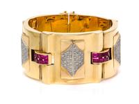 A Retro Gold, Diamond and Synthetic Ruby Bracelet, 99.80 dwts.