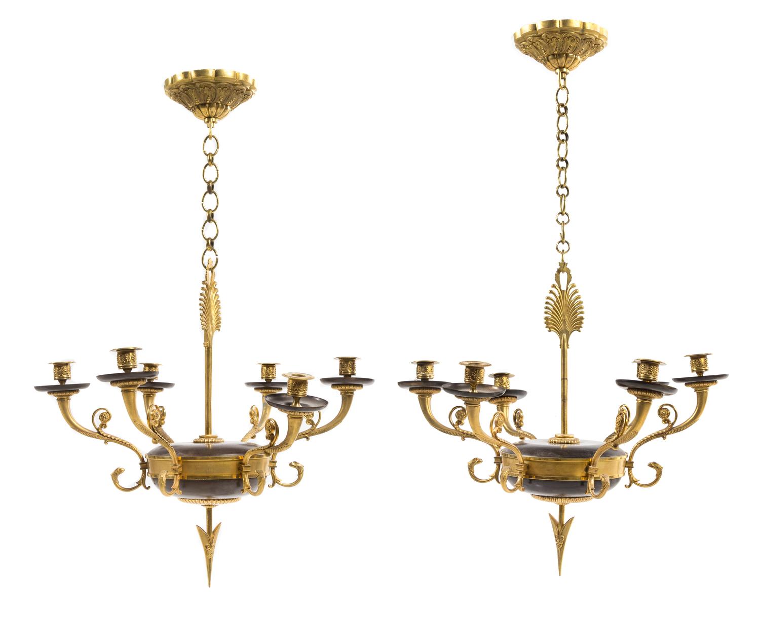 A Pair of Empire Style Gilt and Patinated Bronze Six-Light Chandeliers — LATE 19TH CENTURY