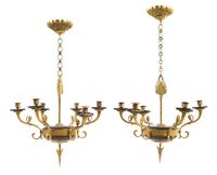 A Pair of Empire Style Gilt and Patinated Bronze Six-Light Chandeliers — LATE 19TH CENTURY