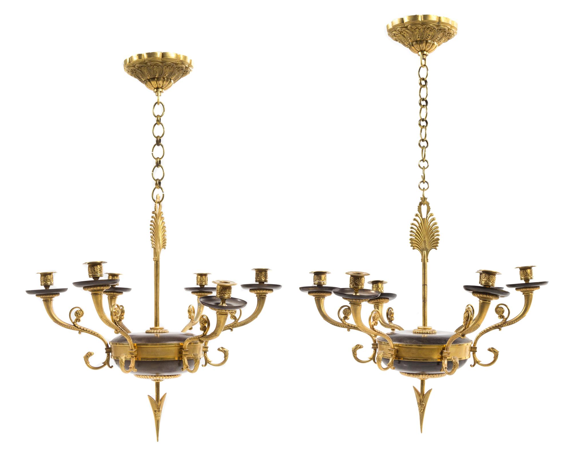 A Pair of Empire Style Gilt and Patinated Bronze Six-Light Chandeliers — LATE 19TH CENTURY