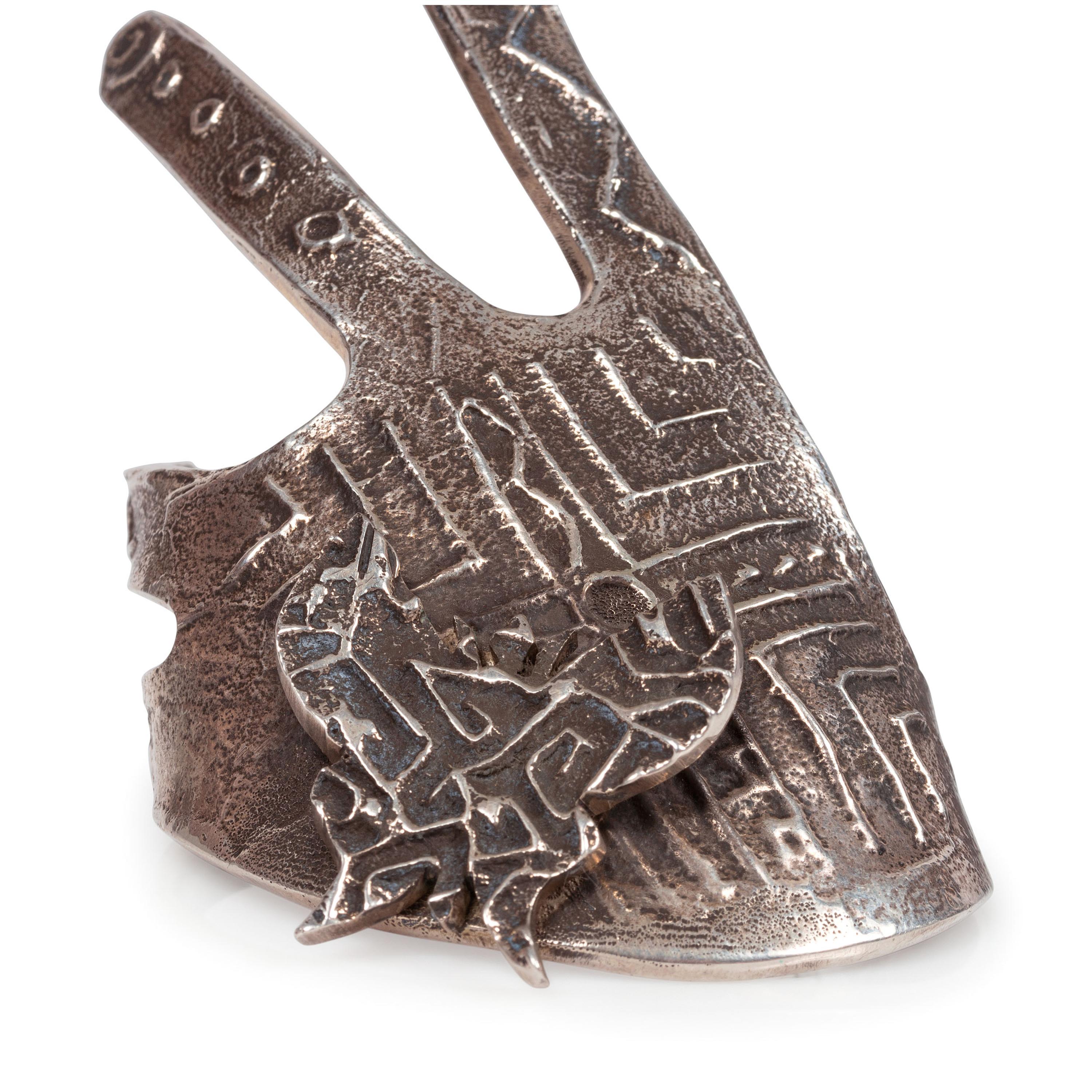 Tufa Cast Silver Hand-Shaped Cuff Bracelet, with Serpentine Cabochon
