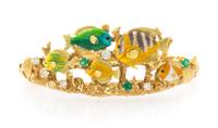 An 18 Karat Yellow Gold, Polychrome Enamel, Diamond and Emerald Tropical Motif Bangle Bracelet, Kabana, 28.70 dwts.