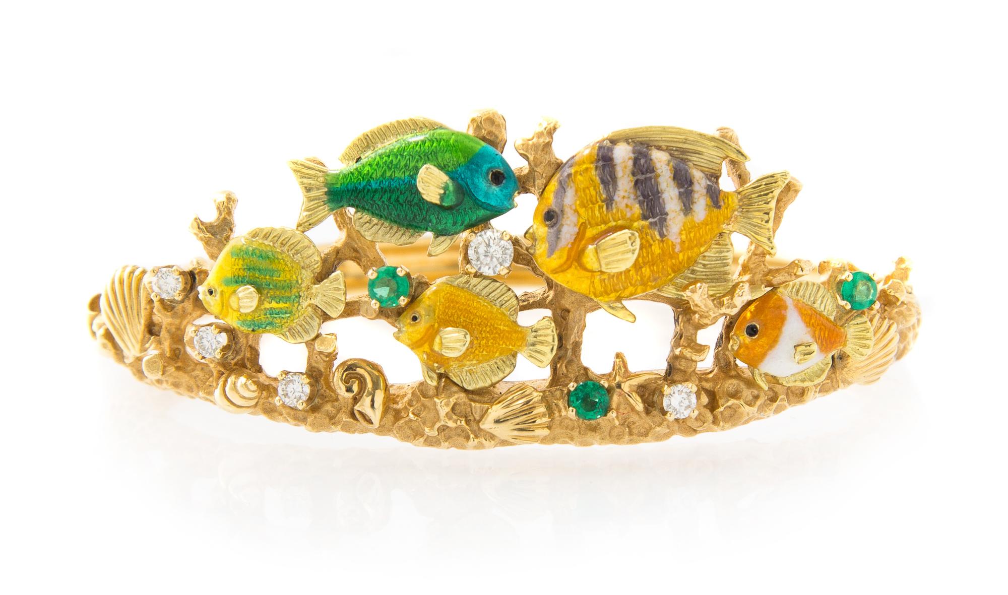 An 18 Karat Yellow Gold, Polychrome Enamel, Diamond and Emerald Tropical Motif Bangle Bracelet, Kabana, 28.70 dwts.