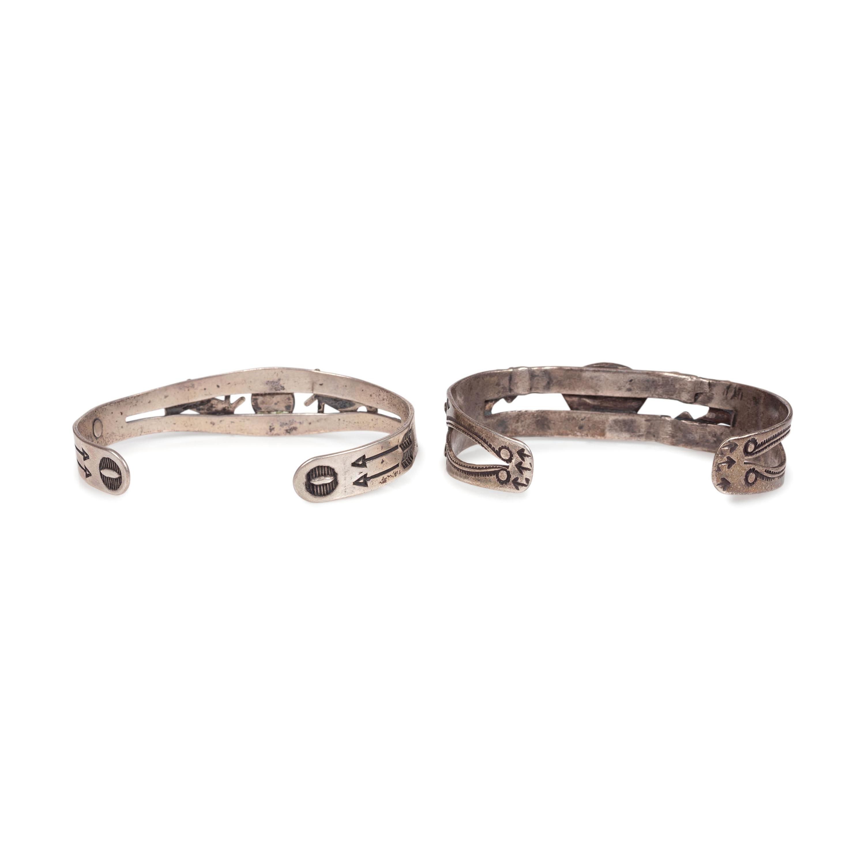 Fred Harvey Era Silver and Turquoise Cuff Bracelets, with Canine Motif