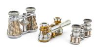 Three Pairs of Continental Mother-of-Pearl Veneered Opera Glasses, Width of first 3 3/4 inches.