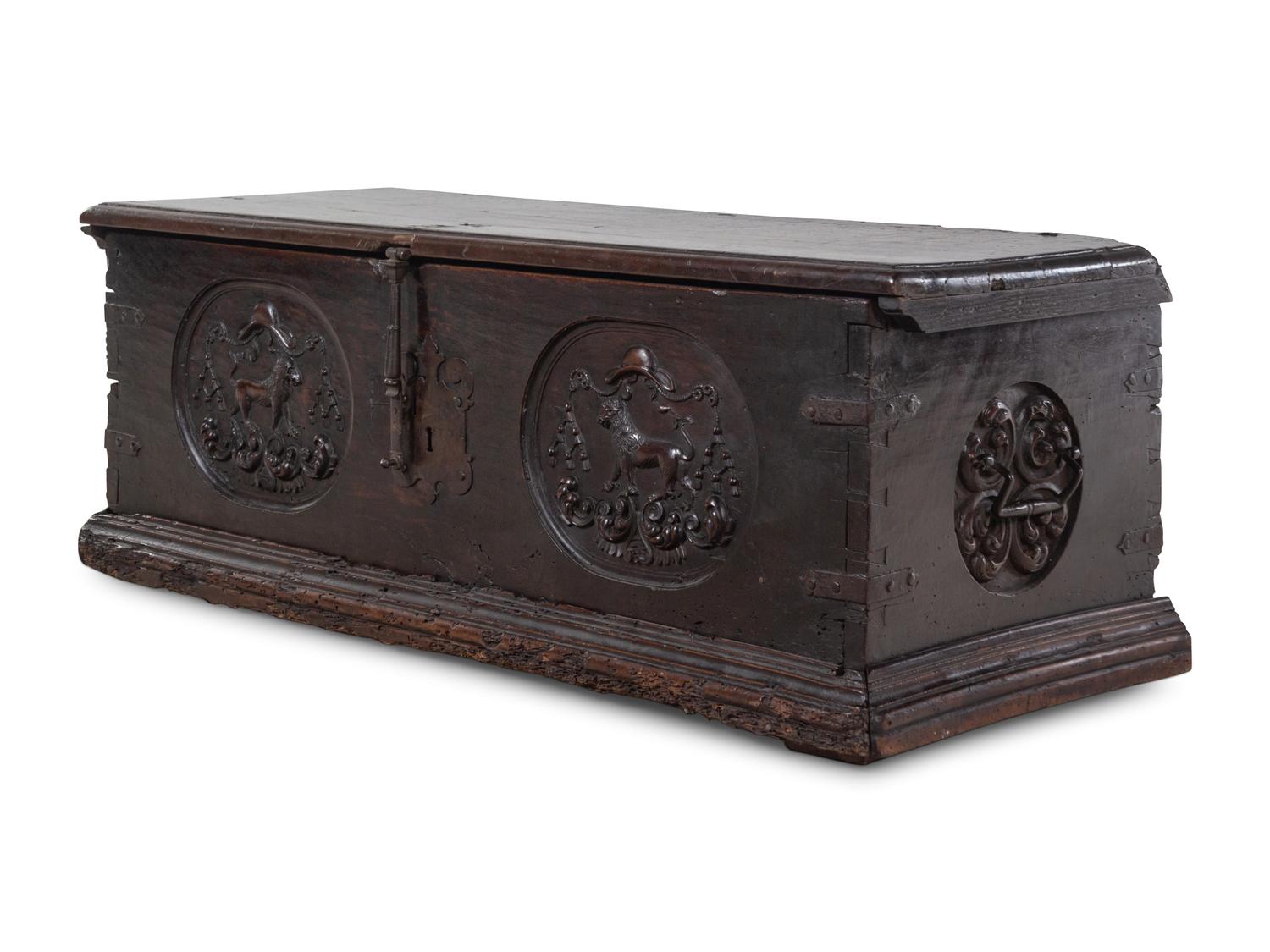 A Continental Iron Mounted Walnut Cassone