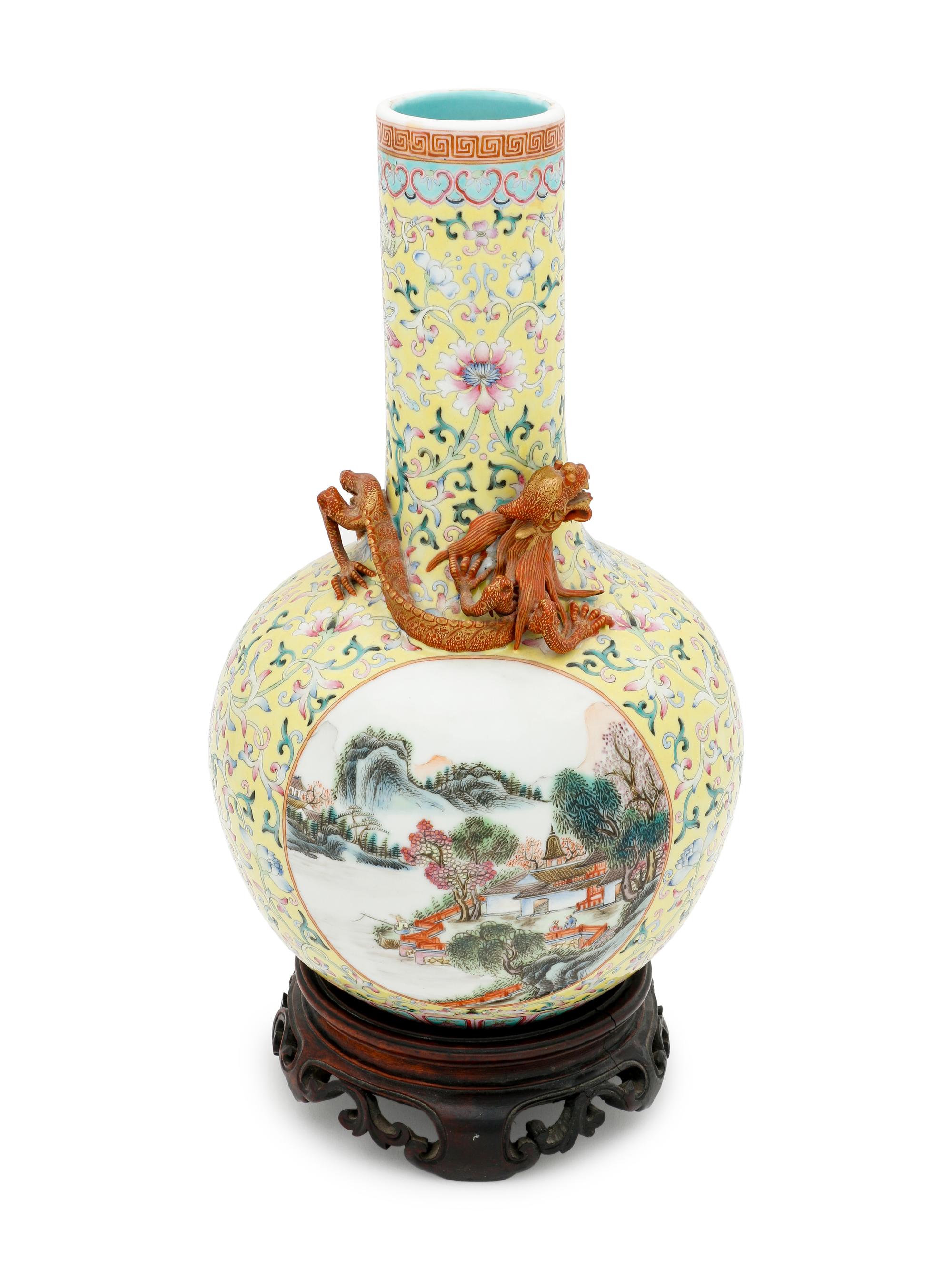 A Famille Jaune Porcelain Bottle Vase