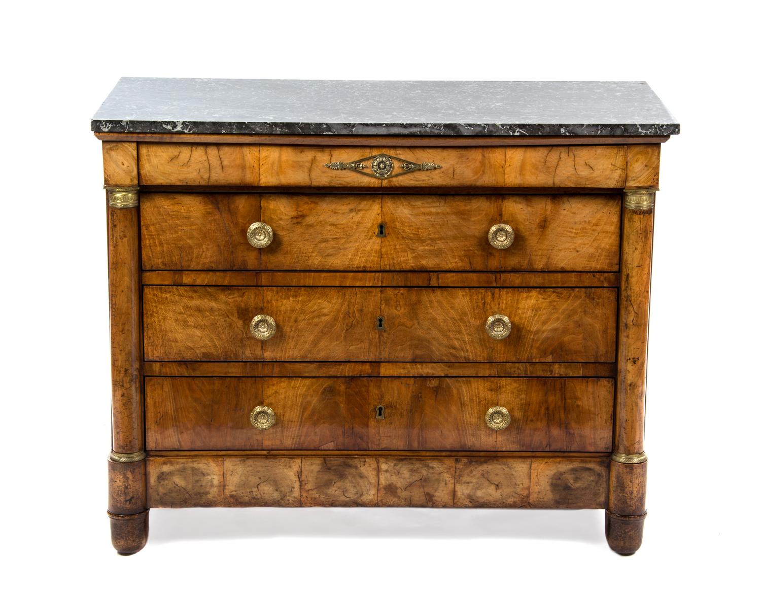 A Directoire Gilt Metal Mounted Walnut Commode, LATE 18TH CENTURY, Height 37 x width 46 1/4 x depth 23 inches. — LATE 18TH CENTURY,
