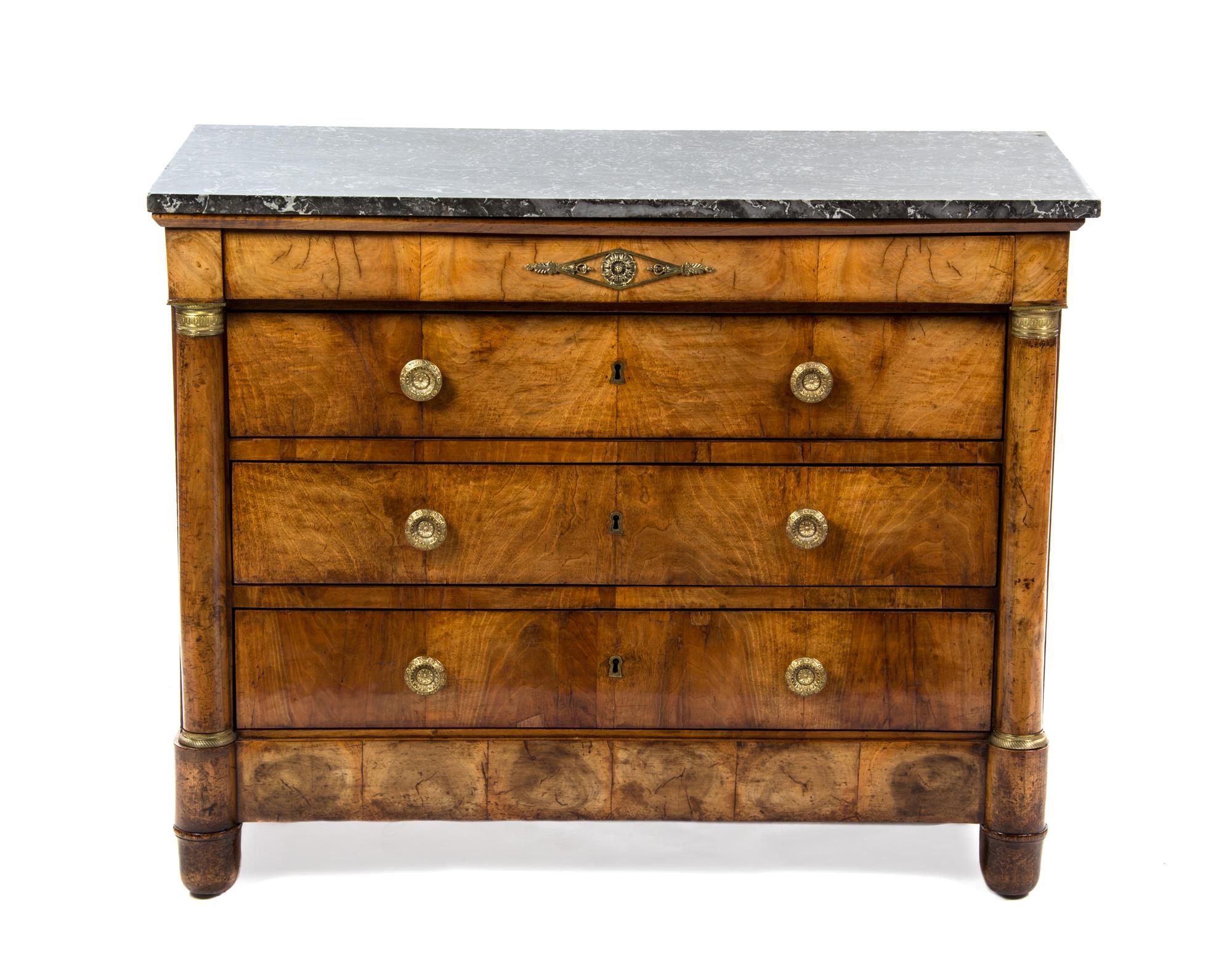 A Directoire Gilt Metal Mounted Walnut Commode, LATE 18TH CENTURY, Height 37 x width 46 1/4 x depth 23 inches. — LATE 18TH CENTURY,