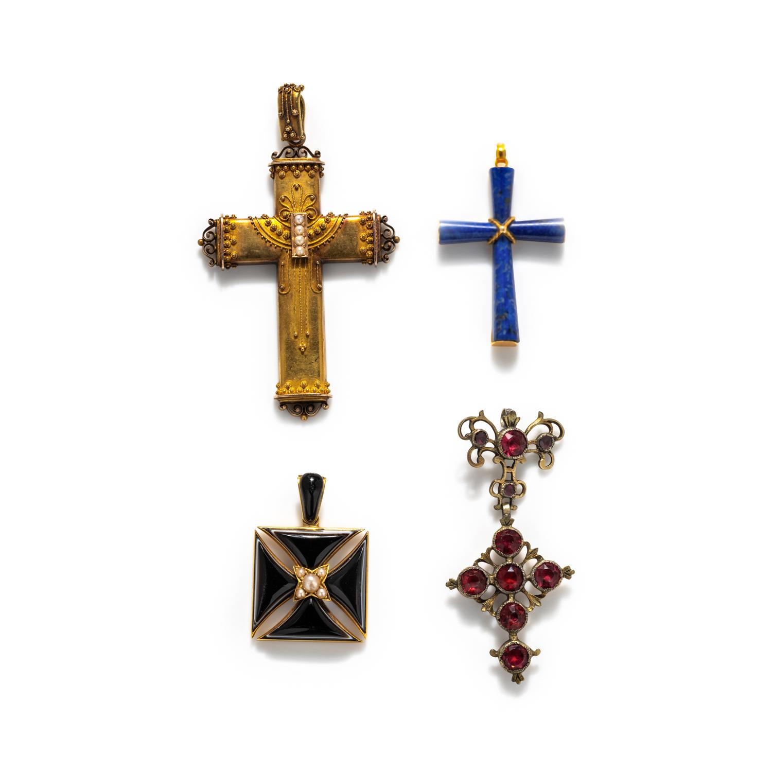 COLLECTION OF YELLOW GOLD AND GEMSTONE CROSS PENDANTS