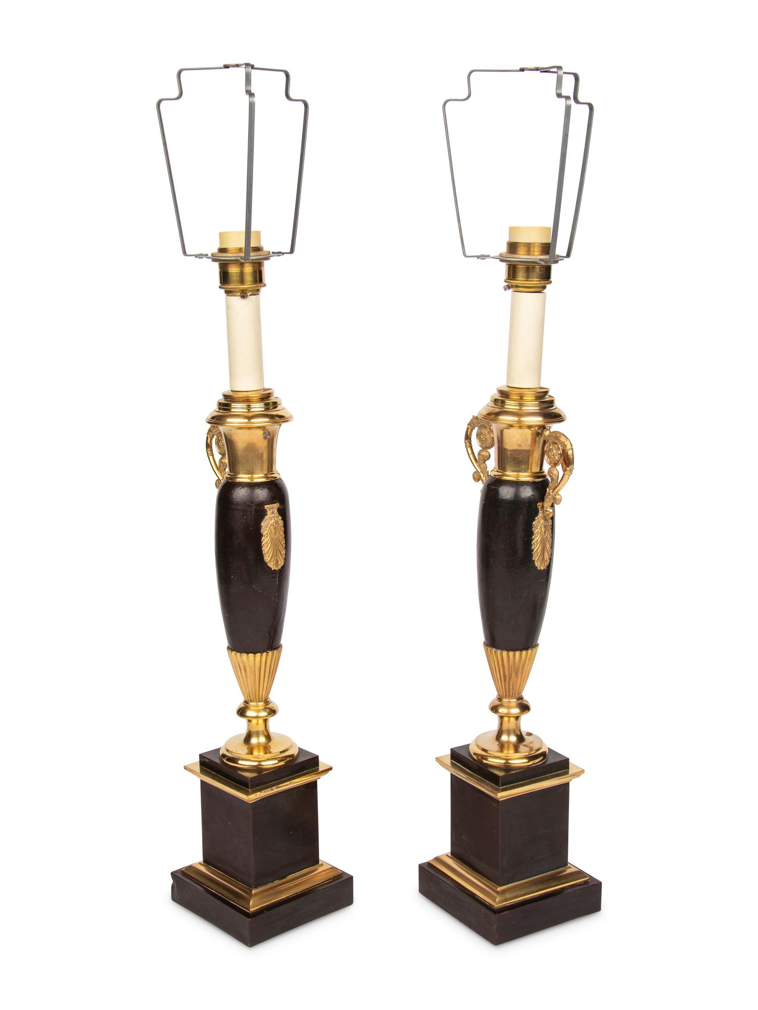 A Pair of Empire Style Painted and Parcel-Gilt Metal Lamps