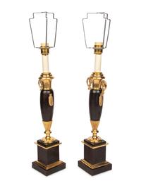 A Pair of Empire Style Painted and Parcel-Gilt Metal Lamps