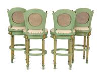 Four Louis XVI Style Painted, Parcel Gilt and Cane Back Bar Stools