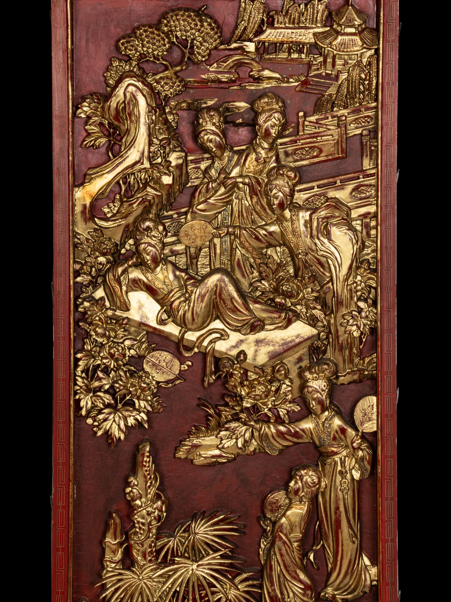 Two Pairs of Chinese Gilt and Red Lacquered Wood Panels