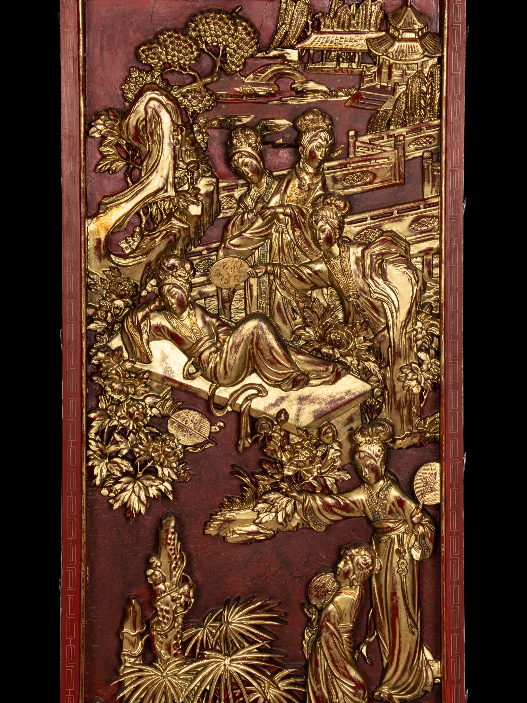 Two Pairs of Chinese Gilt and Red Lacquered Wood Panels