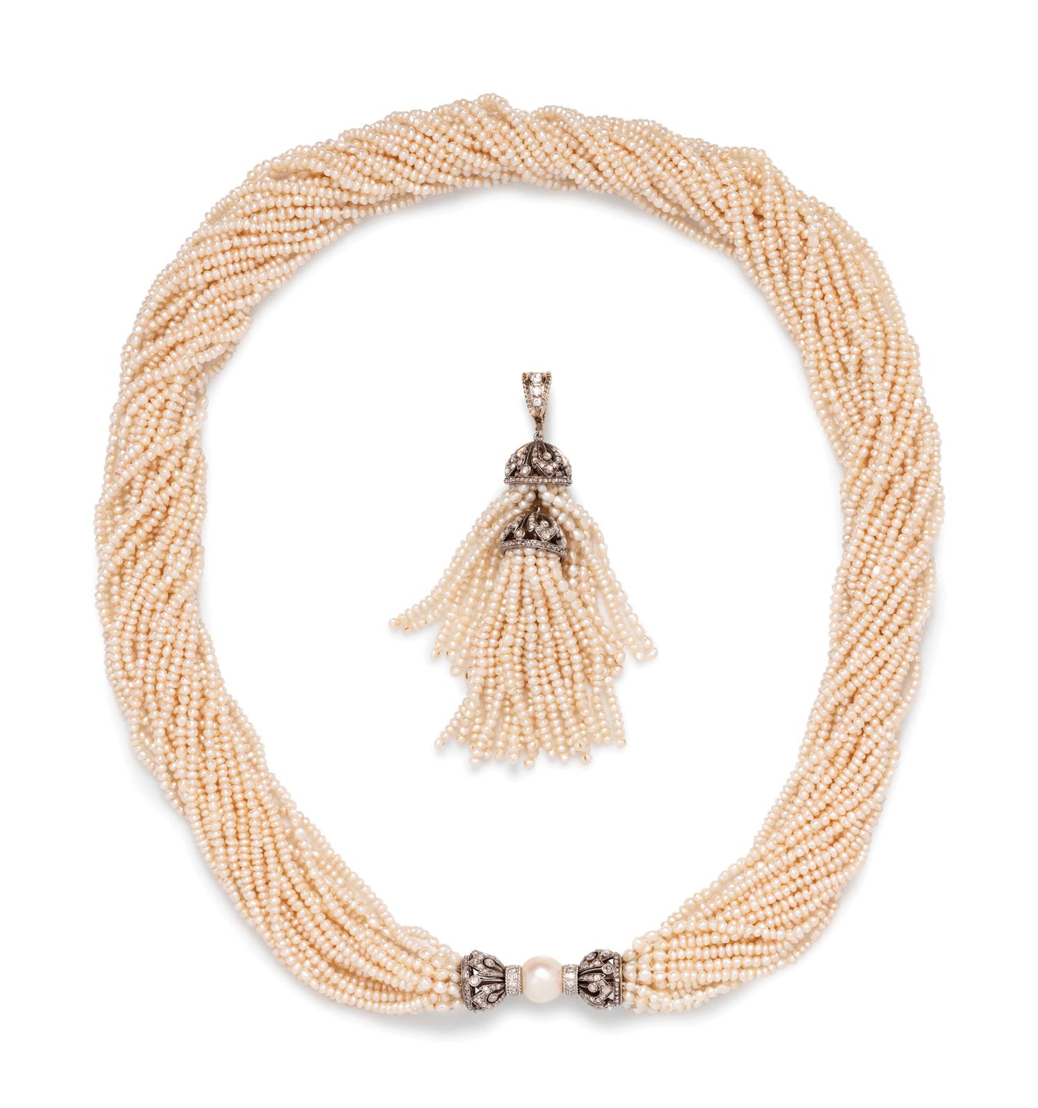 CULTURED PEARL AND DIAMOND MULTISTRAND NECKLACE