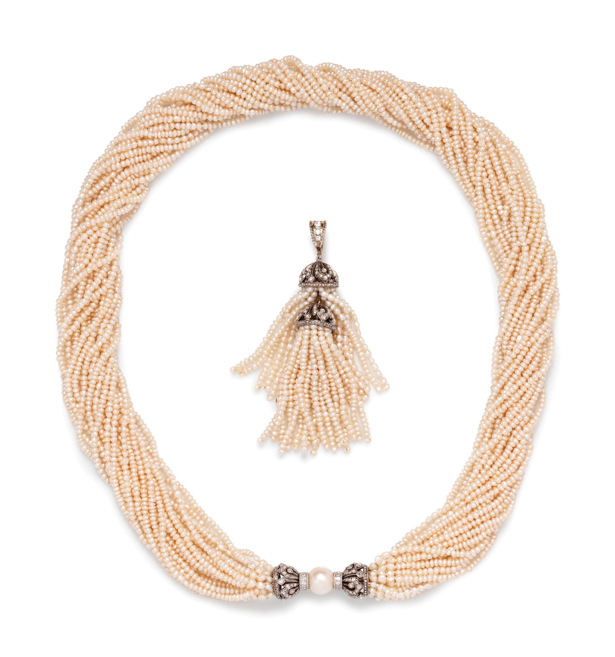 CULTURED PEARL AND DIAMOND MULTISTRAND NECKLACE