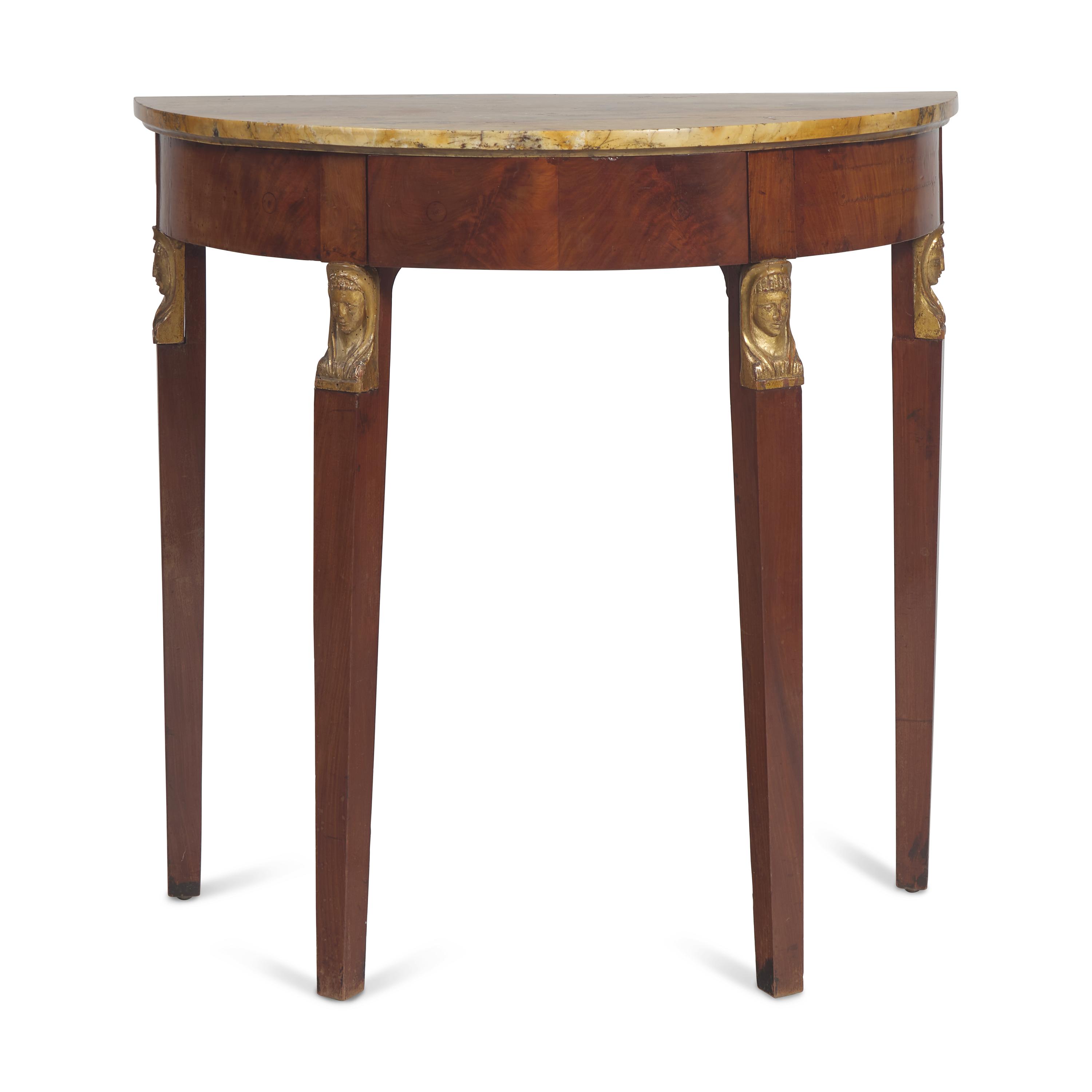 An Empire Parcel Gilt Mahogany Marble Top Demi-Lune Console Table