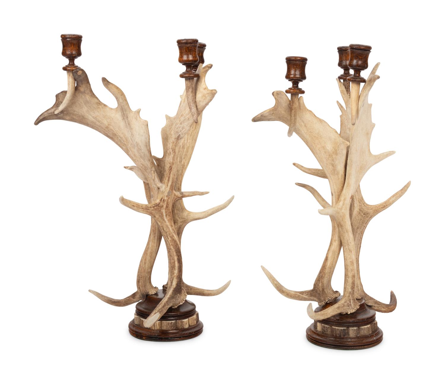 A Pair of Antler Mounted Three-Light Candelabra