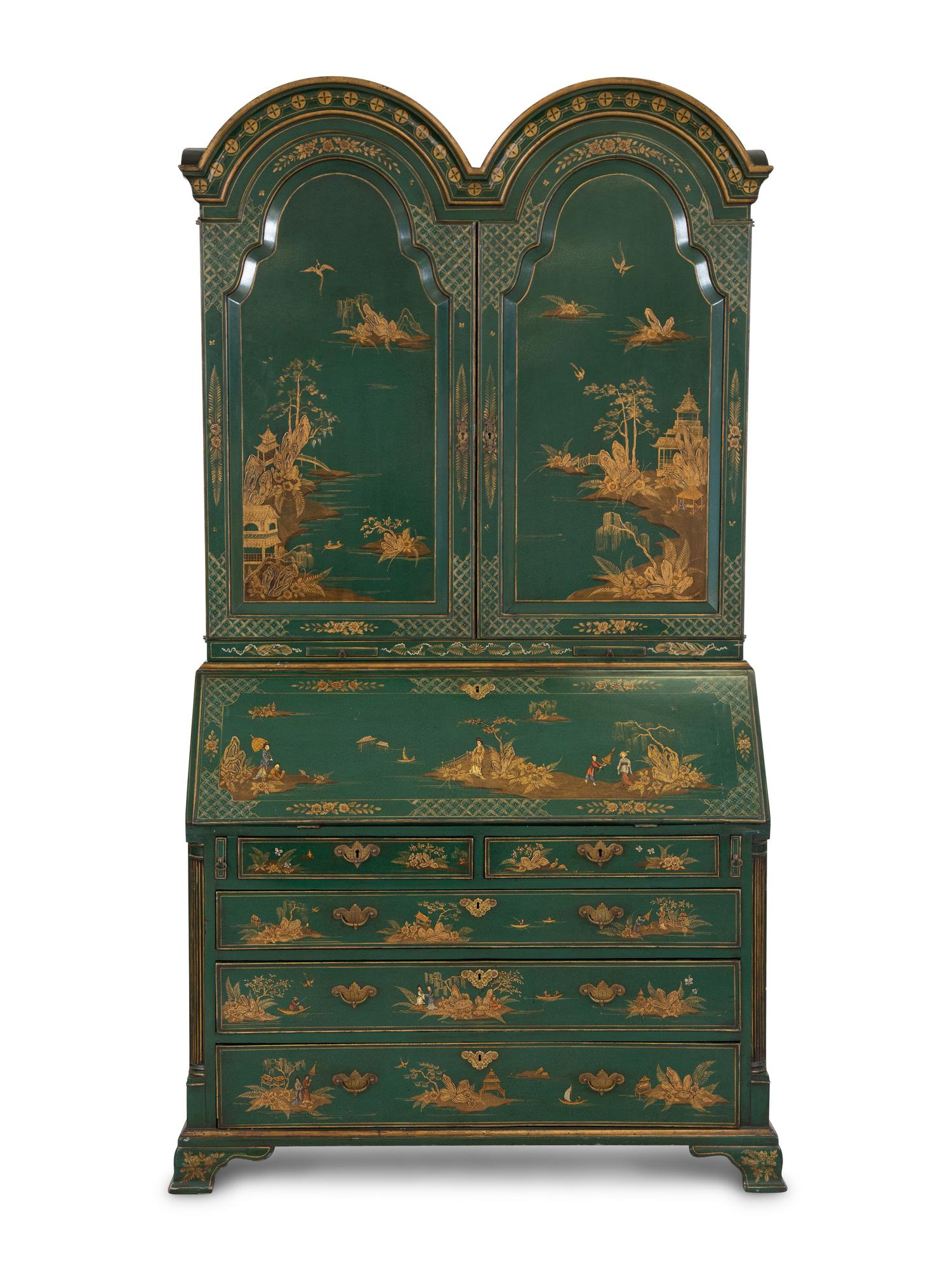 A George II Style Green Japanned Bureau Cabinet