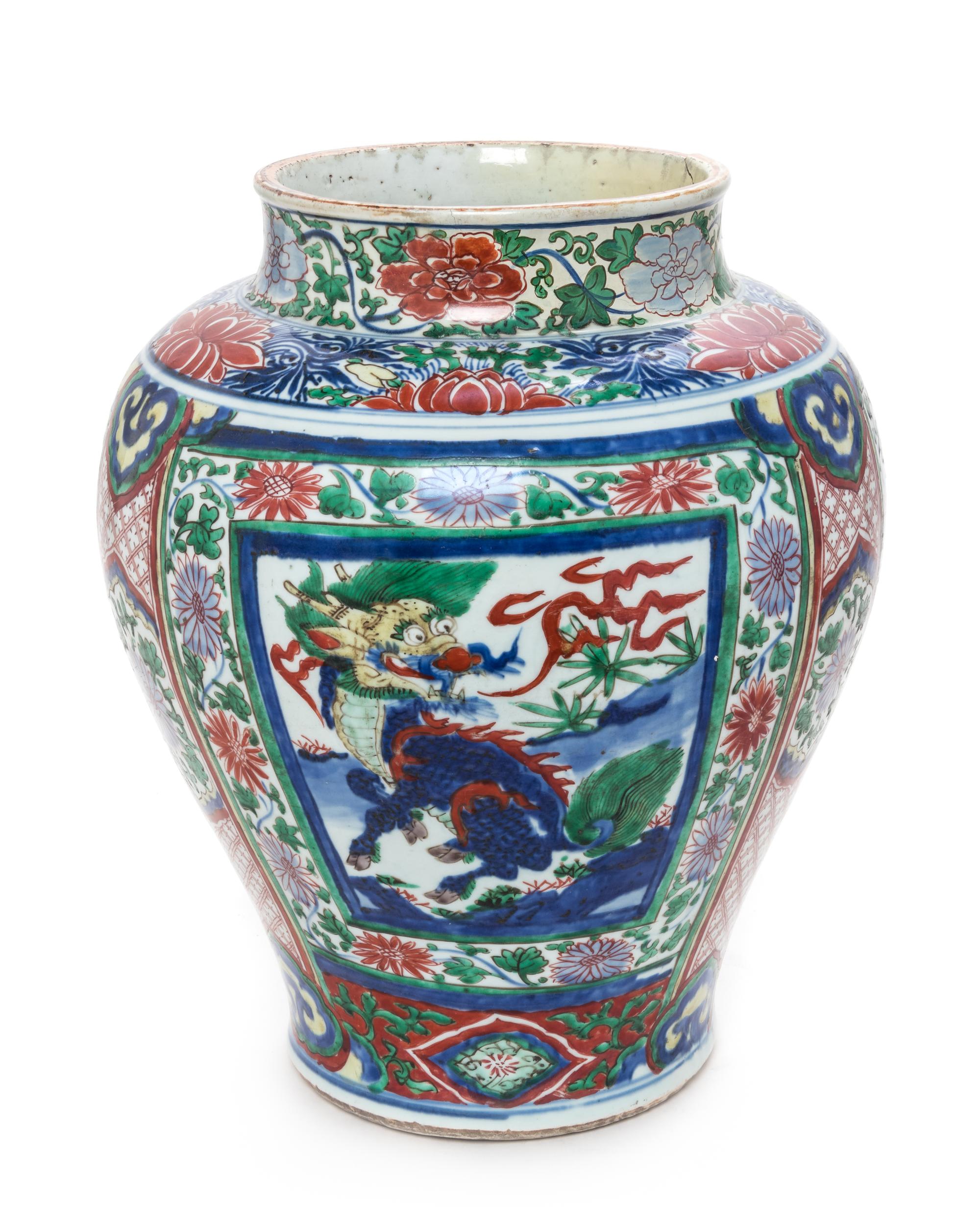 A Wucai Porcelain Jar Height 14 inches. — SHUNZHI PERIOD (1644-1661)