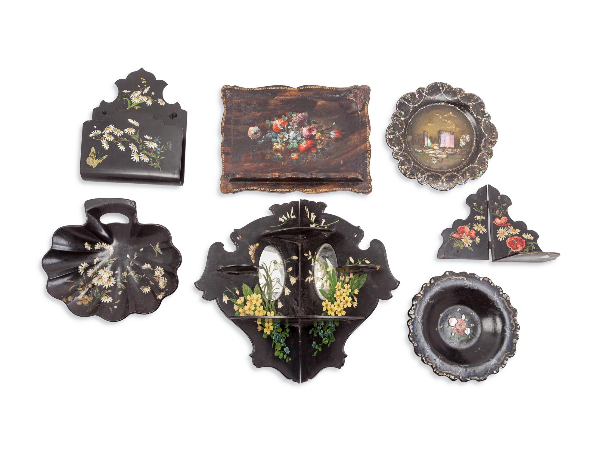 Seven Victorian and Victorian Style Lacquered Articles