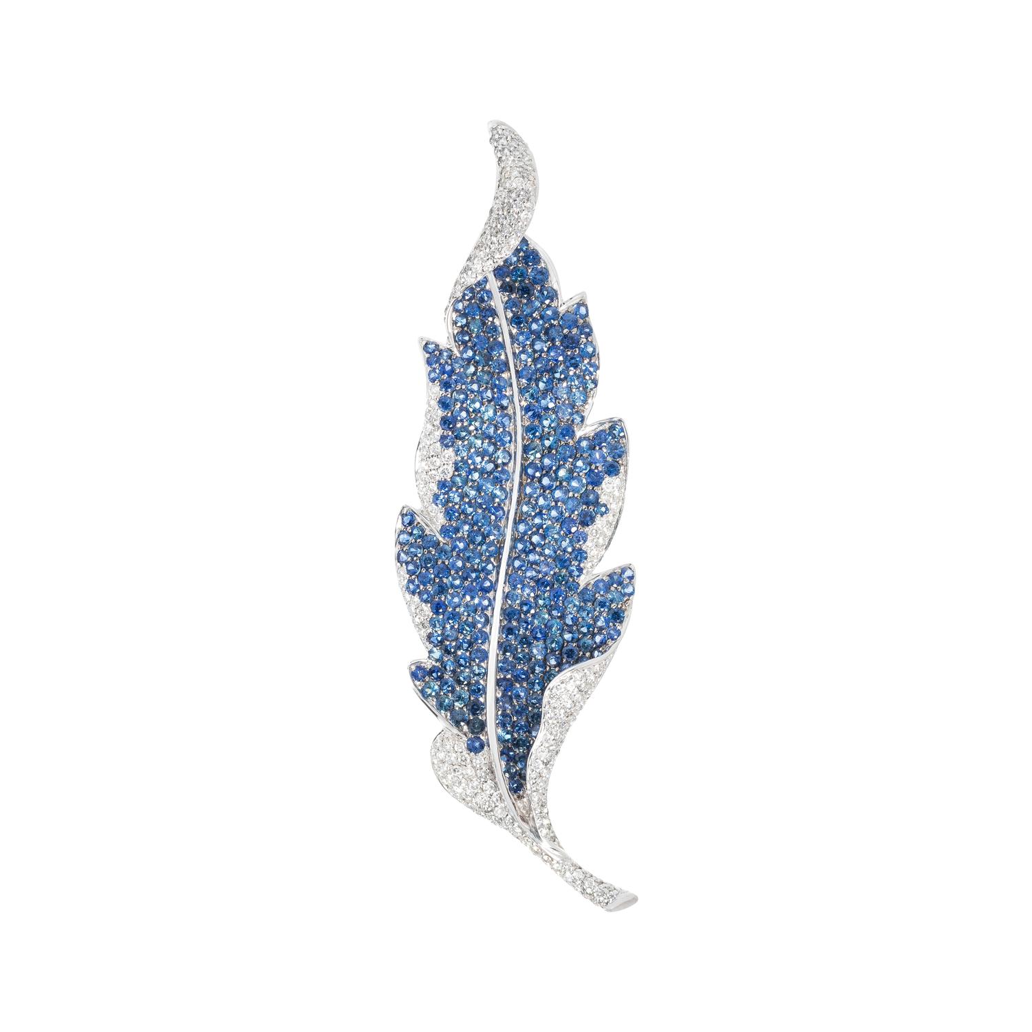 SAPPHIRE AND DIAMOND LEAF BROOCH
