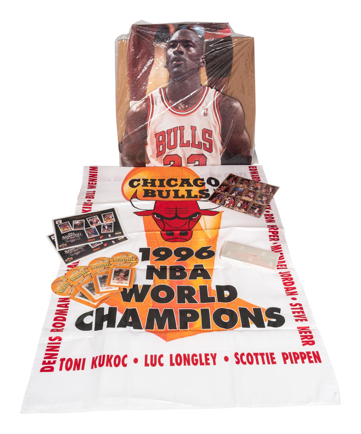 A Group of Michael Jordan Last Material Including An Unused Upper Deck Life Life Size Stand Up Display and a 1994 Rare Air Factory Sealed Basketball Card Set,