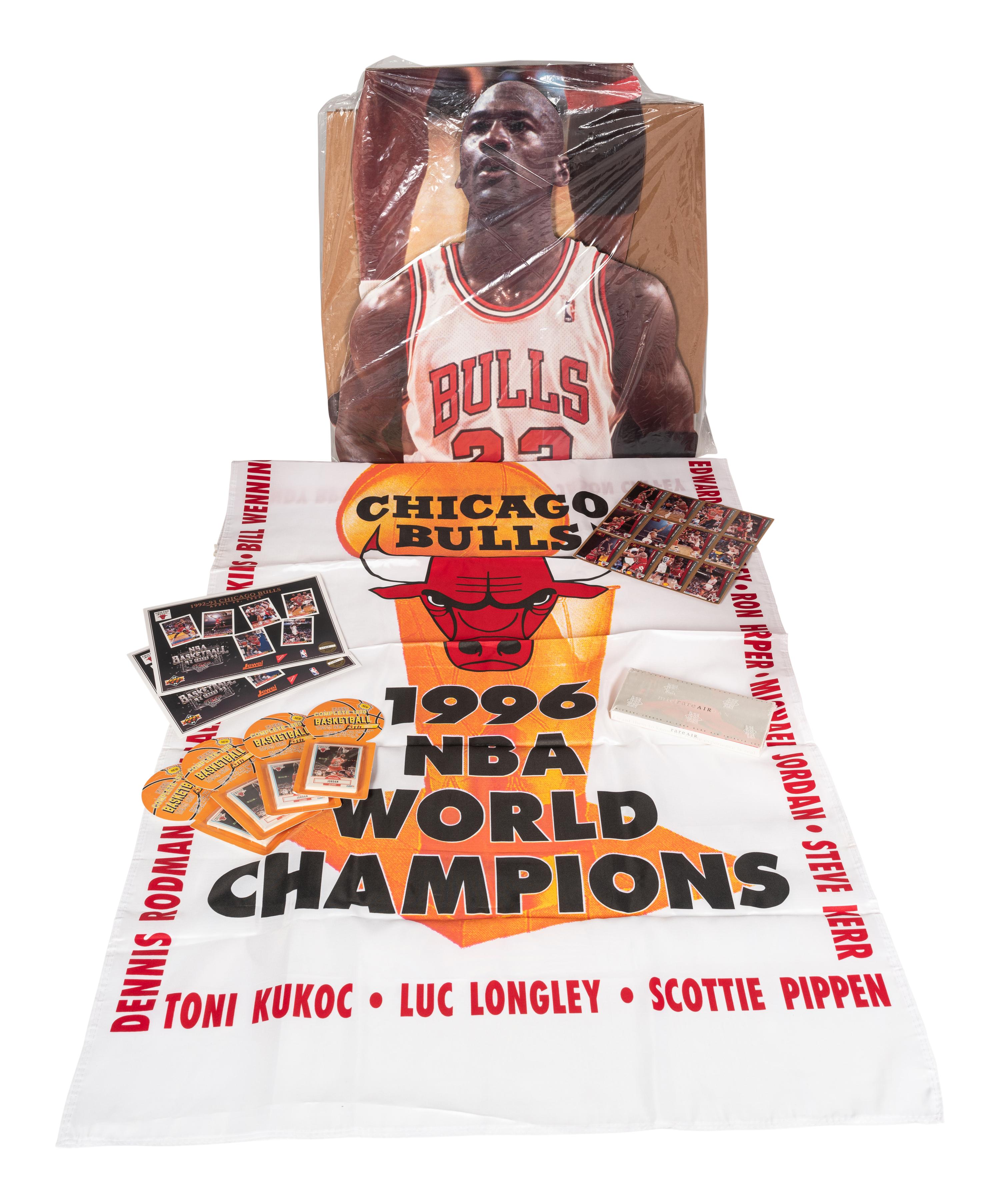 A Group of Michael Jordan Last Material Including An Unused Upper Deck Life Life Size Stand Up Display and a 1994 Rare Air Factory Sealed Basketball Card Set,