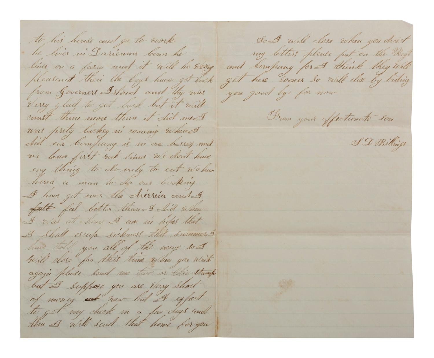 [CIVIL WAR]. Letter from Samuel D. Billings, Company F, 18th Connecticut Infantry, POW Winchester, VA. "Camp Parole," 8 September 1863.