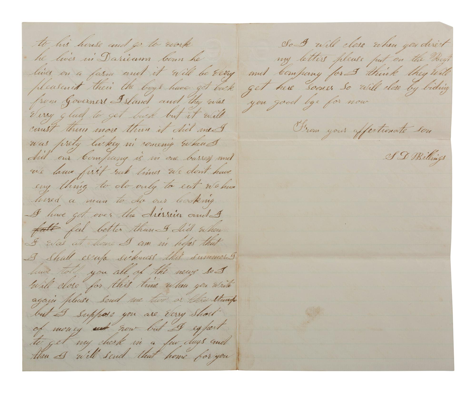 [CIVIL WAR]. Letter from Samuel D. Billings, Company F, 18th Connecticut Infantry, POW Winchester, VA. "Camp Parole," 8 September 1863.