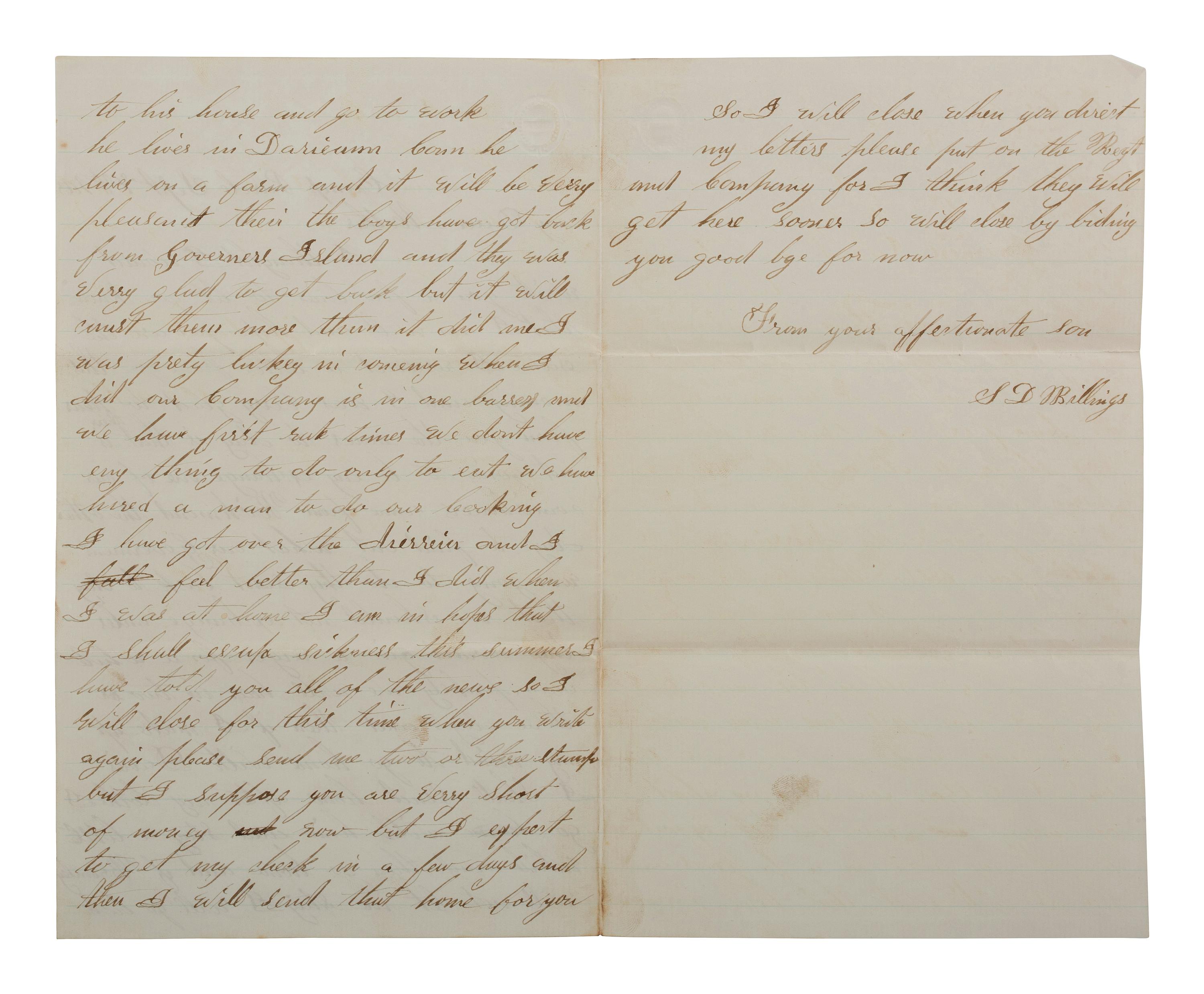 [CIVIL WAR]. Letter from Samuel D. Billings, Company F, 18th Connecticut Infantry, POW Winchester, VA. "Camp Parole," 8 September 1863.
