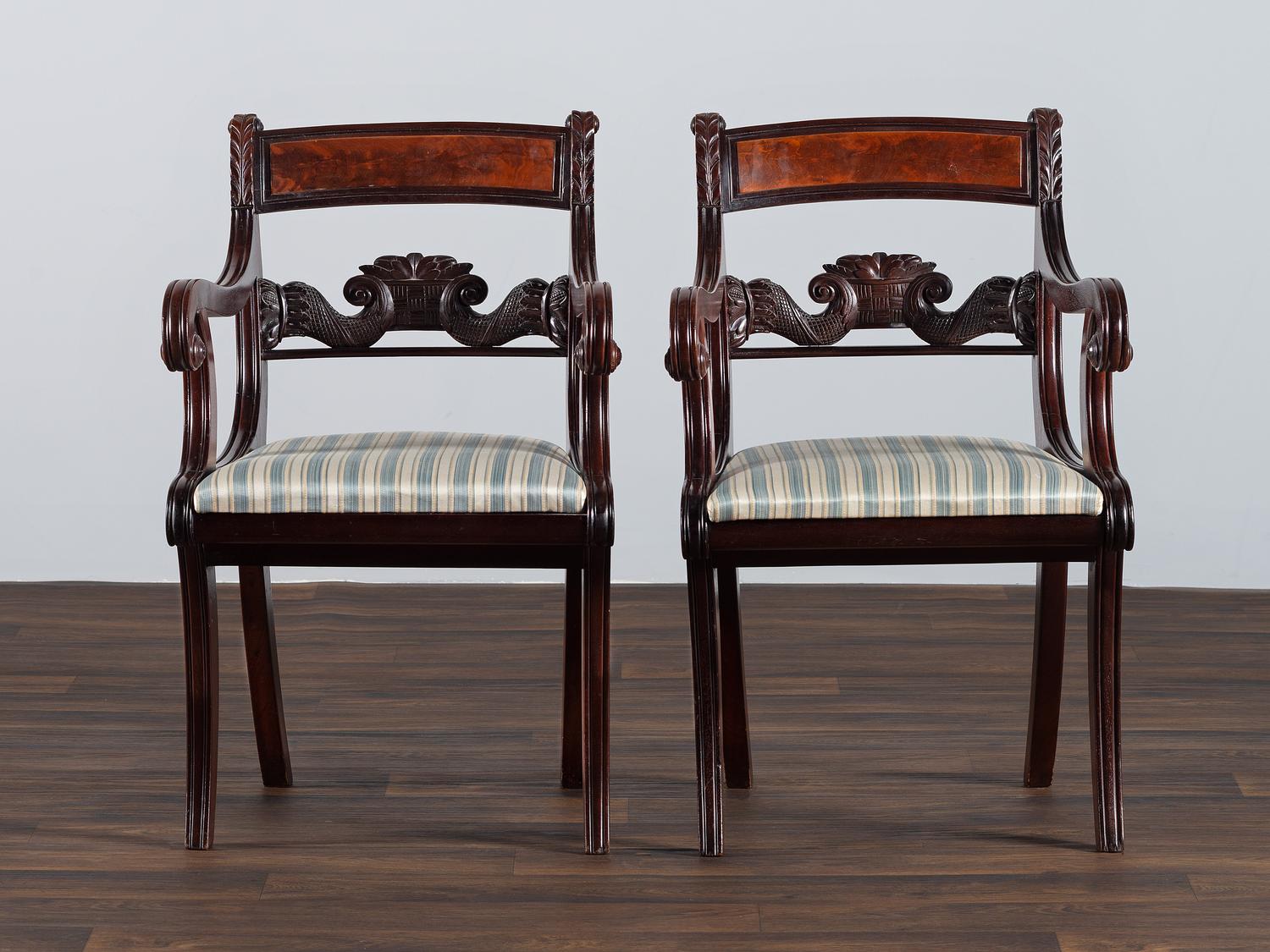 A Pair of Classical Cornucopia Carved Mahogany Armchairs