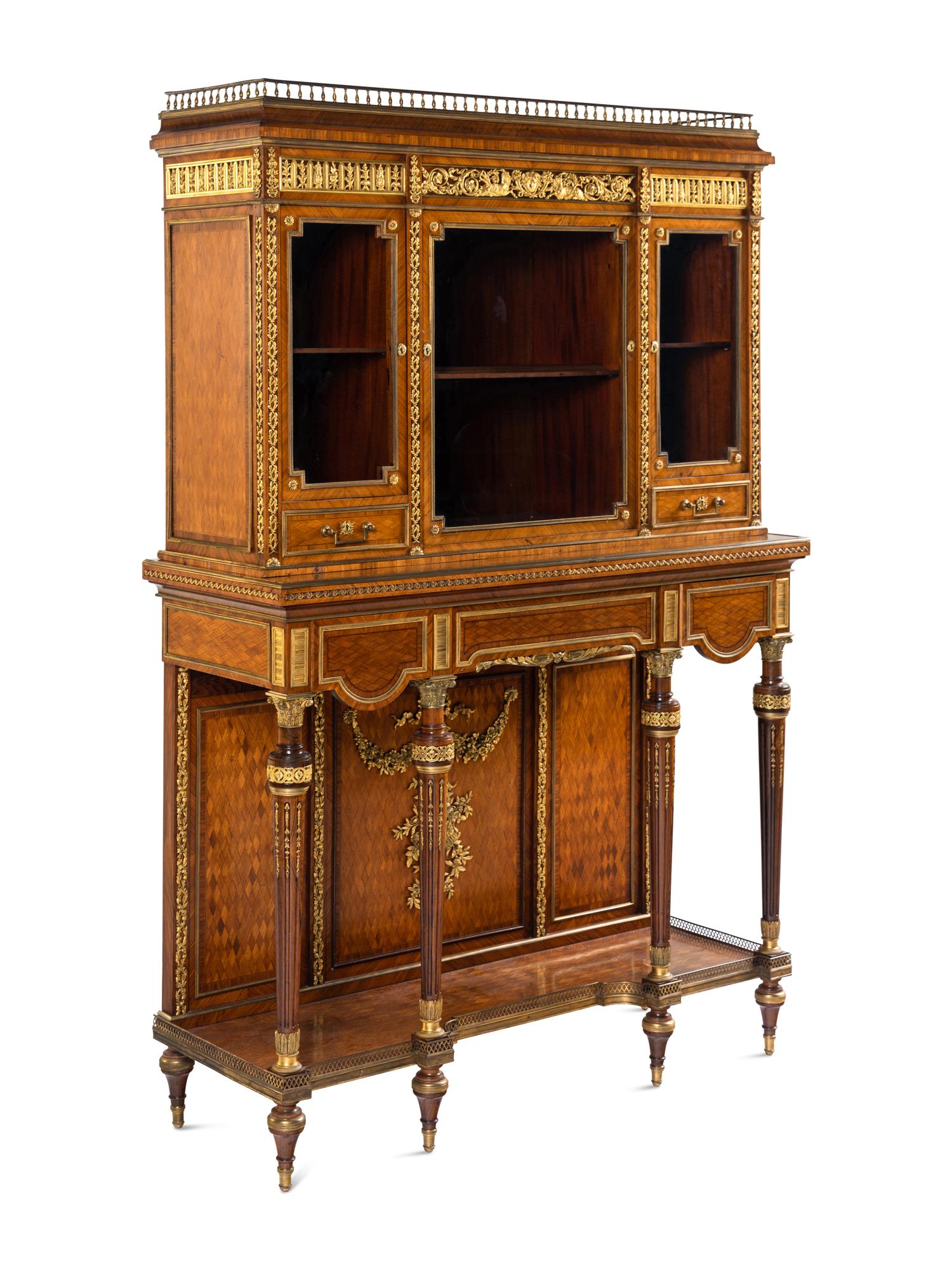A Louis XVI Style Gilt Bronze Mounted Parquetry Cabinet-on-Stand