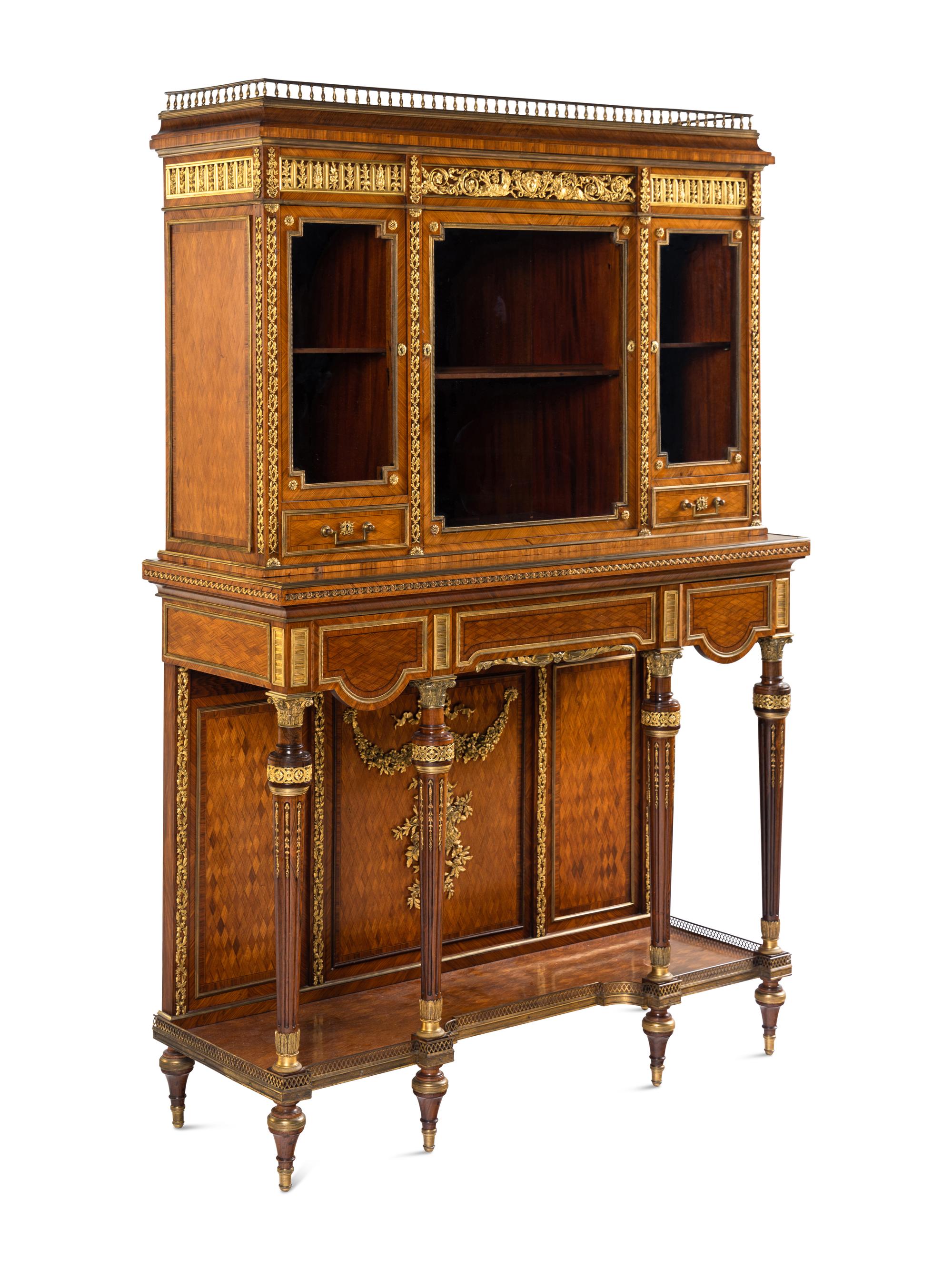 A Louis XVI Style Gilt Bronze Mounted Parquetry Cabinet-on-Stand
