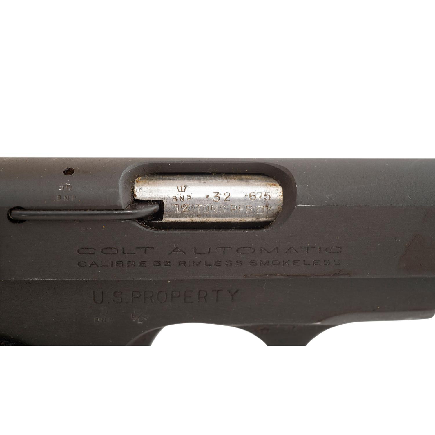 **British Proofed Lend Lease U.S. Military Colt Model 1903 Pocket Hammerless Pistol in Original Kraft Box with Two Magazines and Cleaning Rod