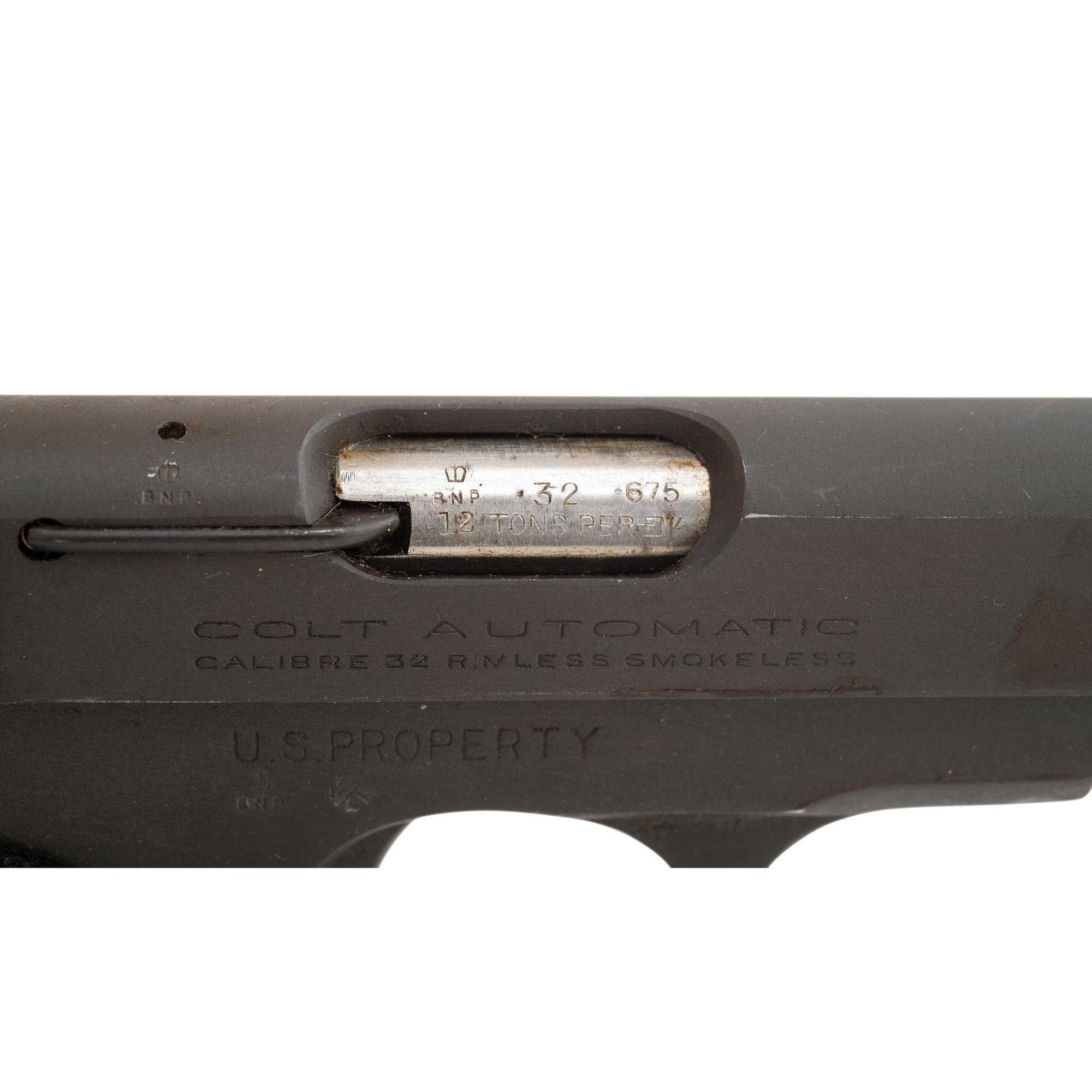 **British Proofed Lend Lease U.S. Military Colt Model 1903 Pocket Hammerless Pistol in Original Kraft Box with Two Magazines and Cleaning Rod
