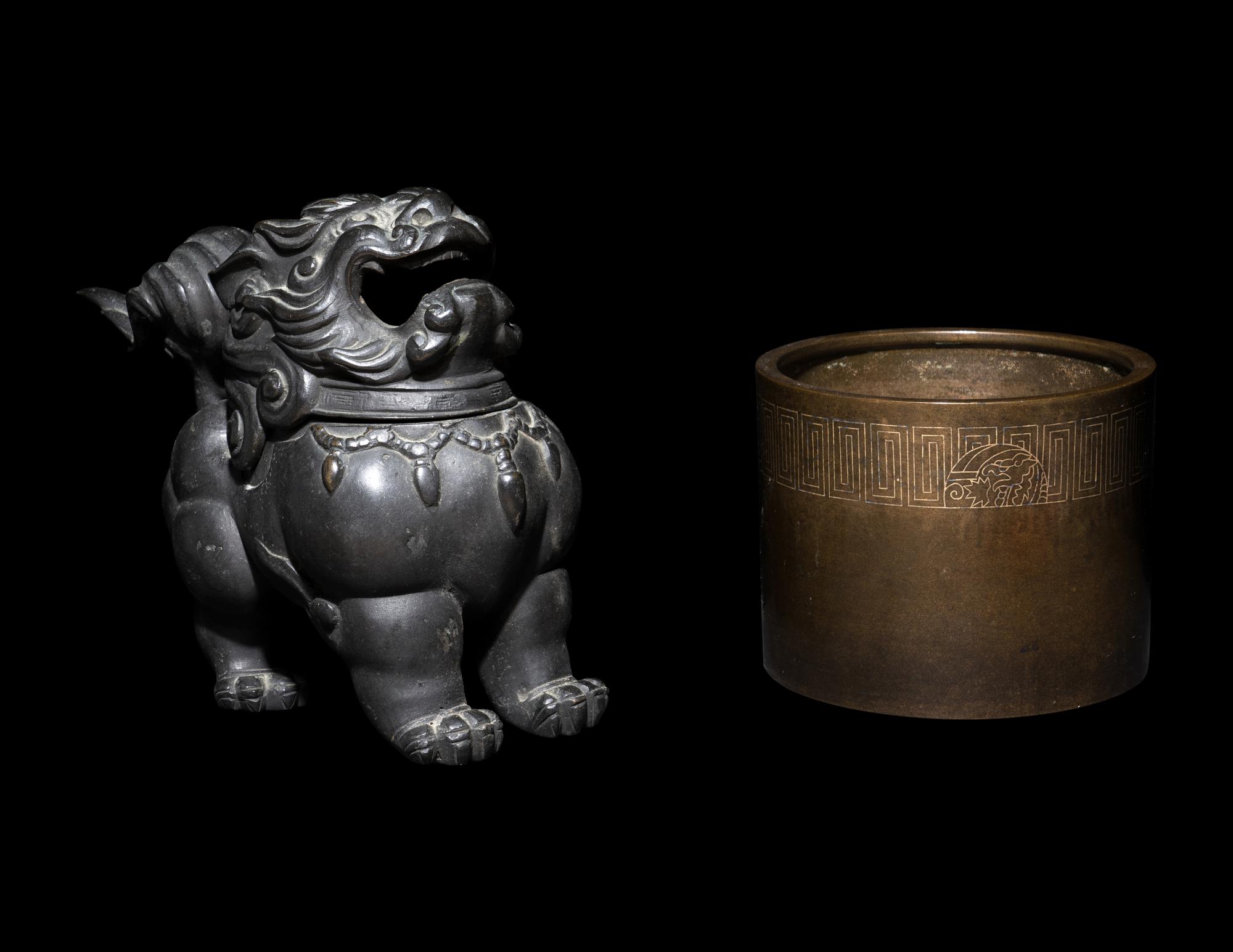 A Chinese Fu Lion-Form Censer and A Japanese Inlaid Bronze Censer