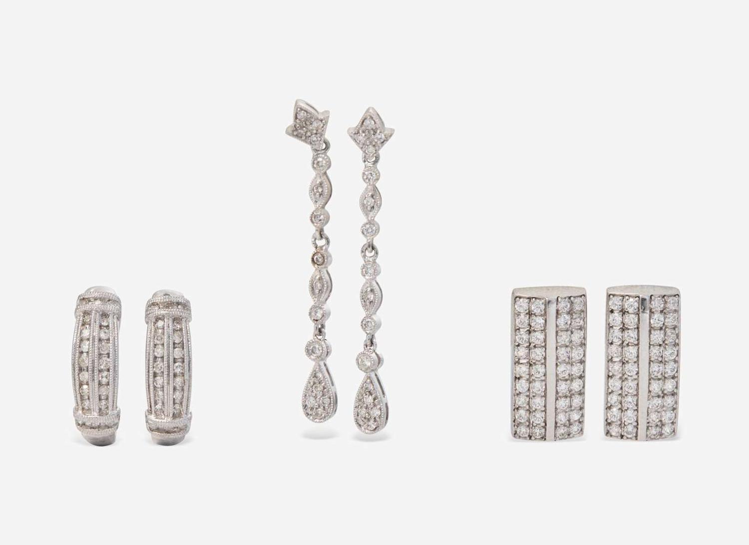 Three Pairs of White Gold and Diamond Earrings
