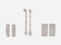Three Pairs of White Gold and Diamond Earrings