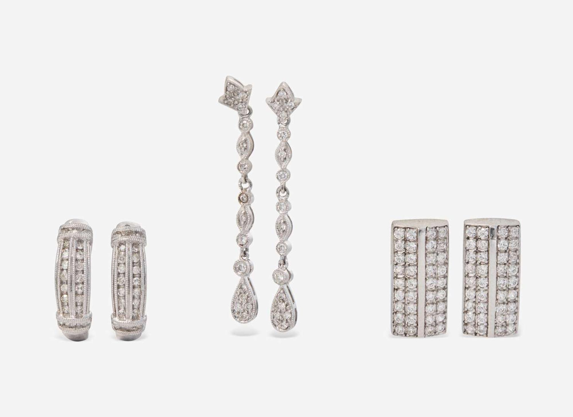 Three Pairs of White Gold and Diamond Earrings